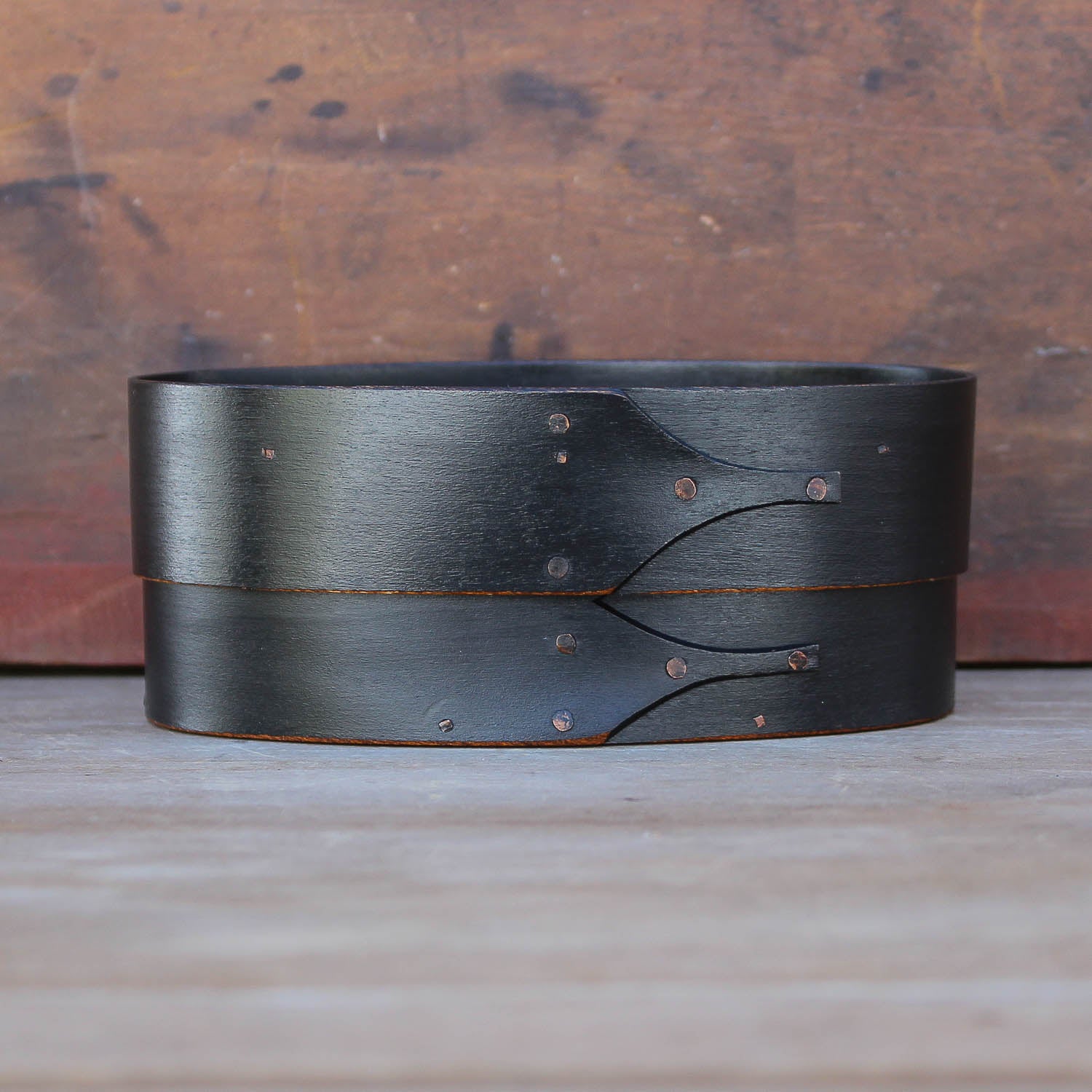 Shaker Oval Box with Recessed Lid for Needlework, Size #1, LeHays Shaker Boxes, Black Milk Paint Finish, Front View