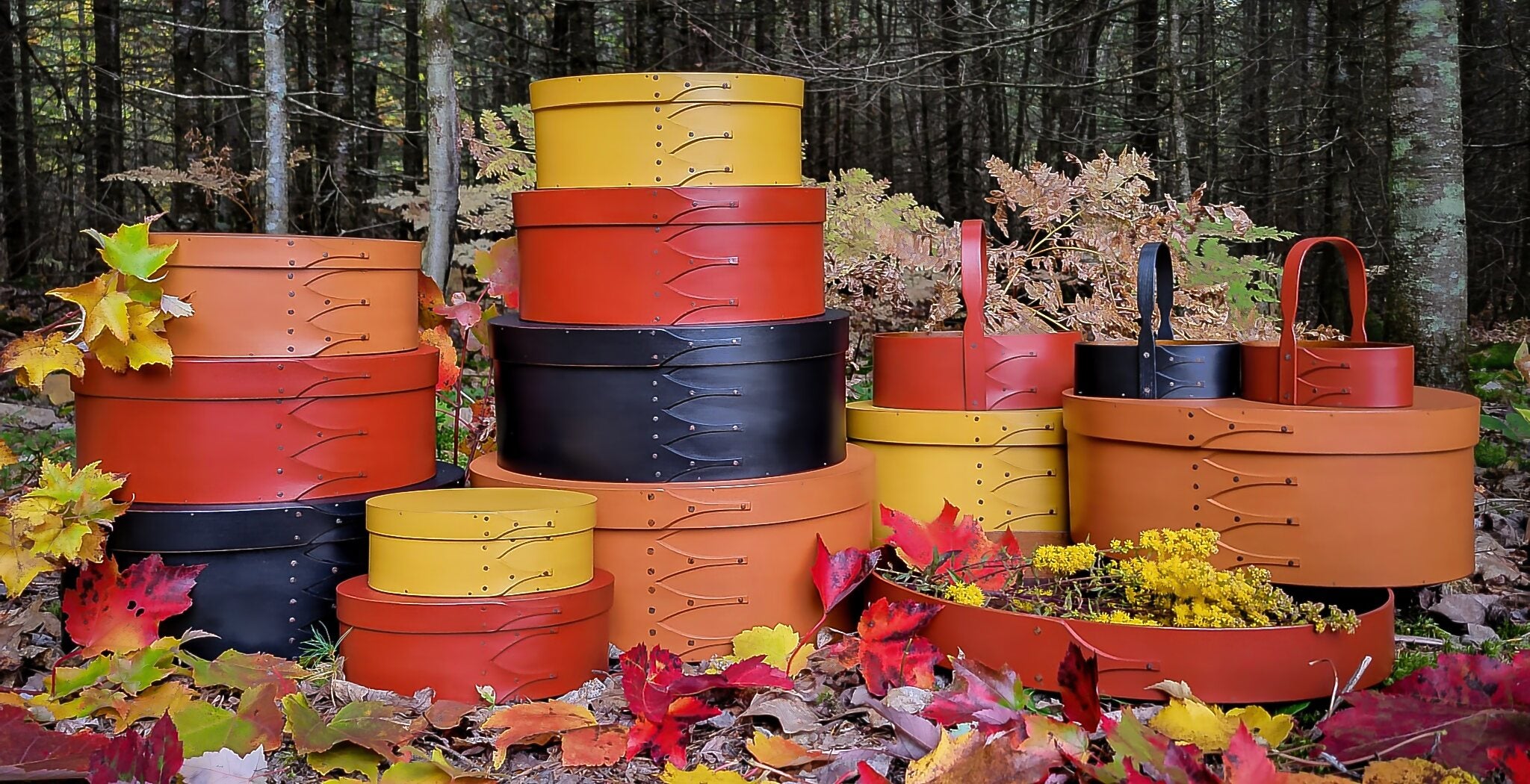 Shaker Oval Boxes and carriers in Fall milk paint colors - traditional Shaker design.