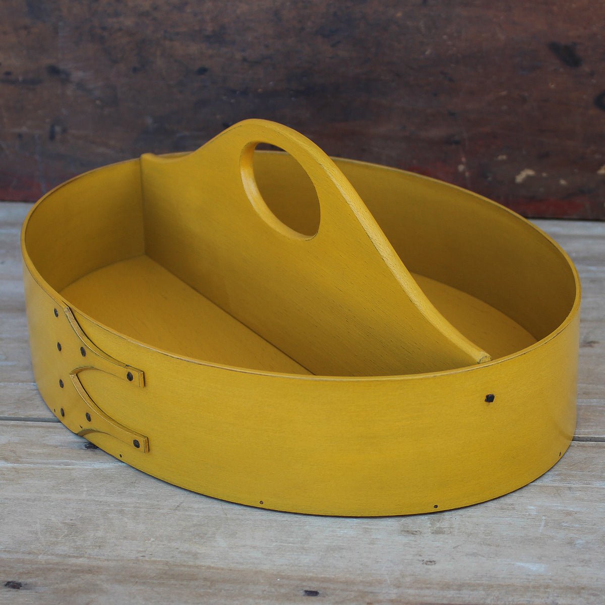 Shaker Style Divided Carrier, LeHays Shaker Boxes, Handcrafted in Maine, Yellow Milk Paint Finish, Side View