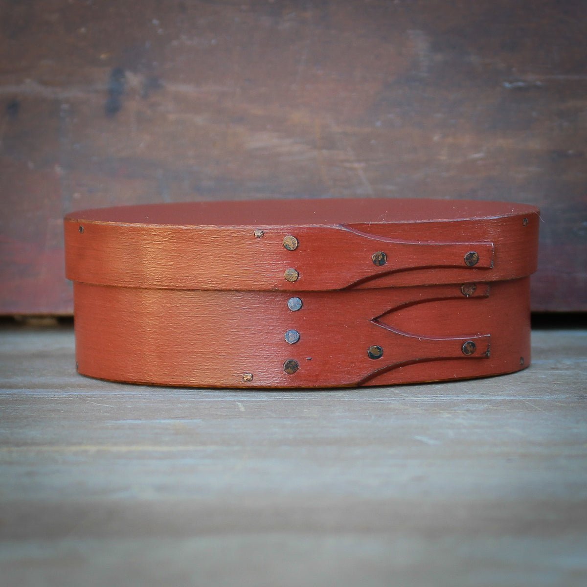 Shaker Oval Box, Size #0, LeHays Shaker Boxes, Handcrafted in Maine.  Red Milk Paint Finish, Front View