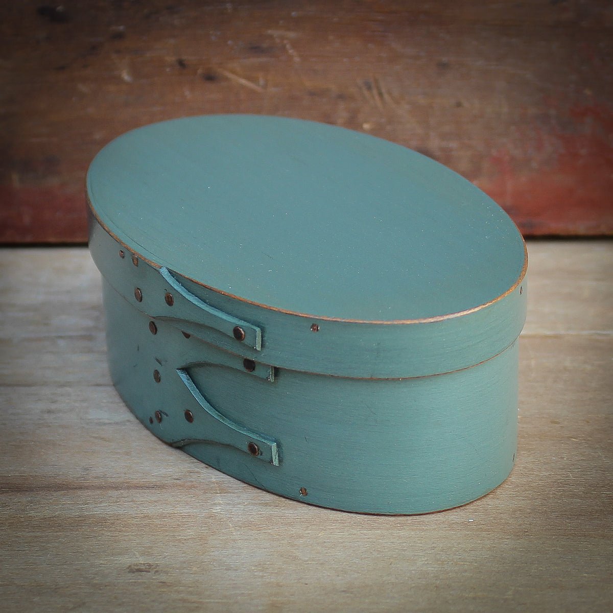 Shaker Oval Box, Size #0, LeHays Shaker Boxes, Handcrafted in Maine.  Sea Green Milk Paint Finish, Side View