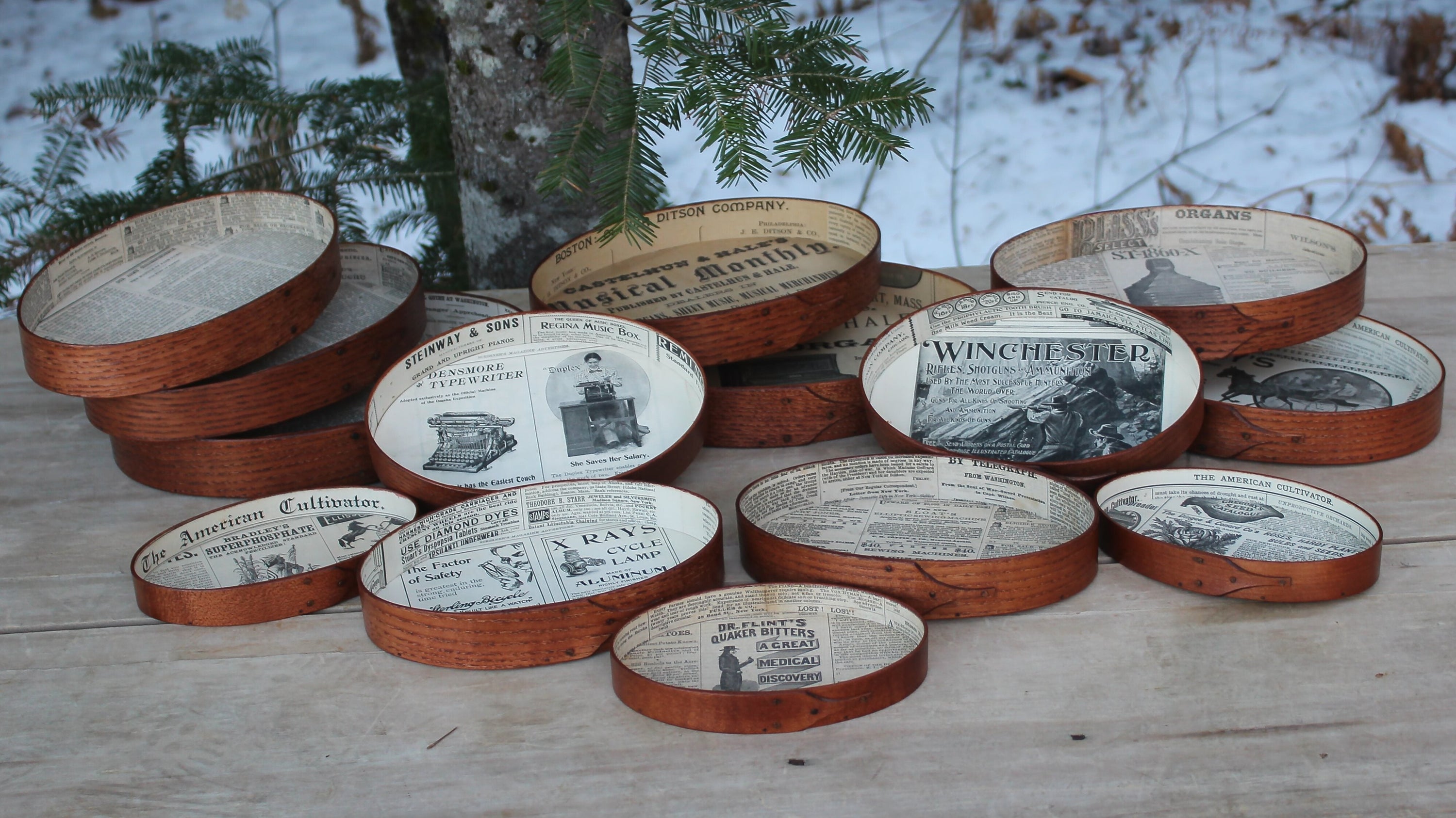 Shaker style Stitchers Trays Lined with 19th Century Newspaper