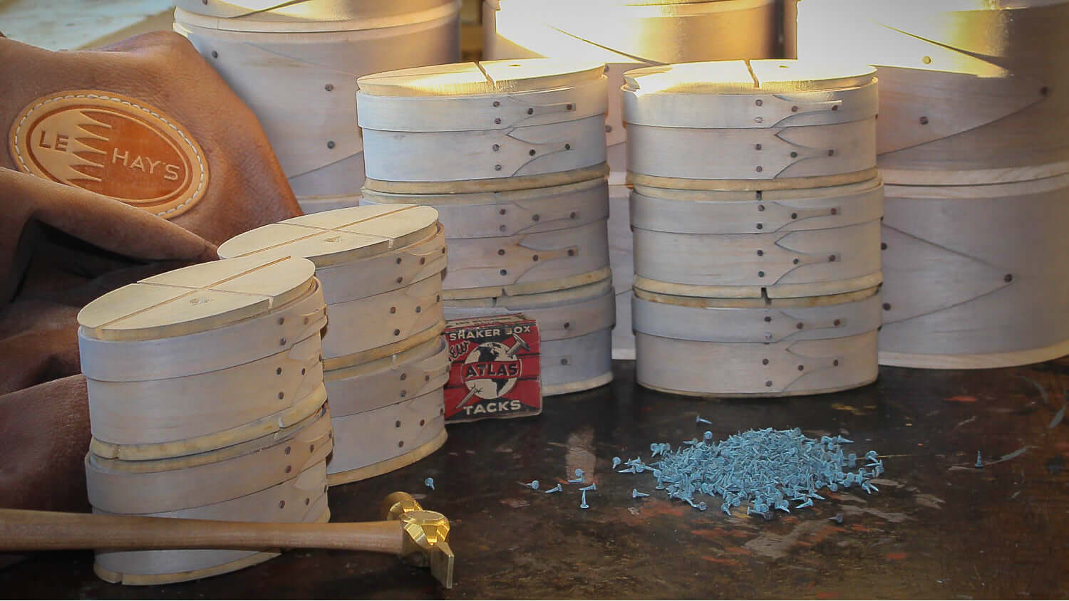 Shaker oval boxes in progress, LeHay's Shaker Boxes, Embden, Maine