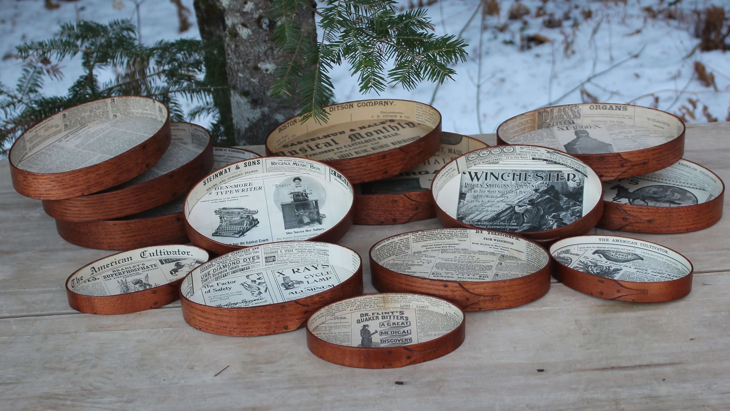 Shaker style Stitchers Trays Lined with 19th Century Newspaper