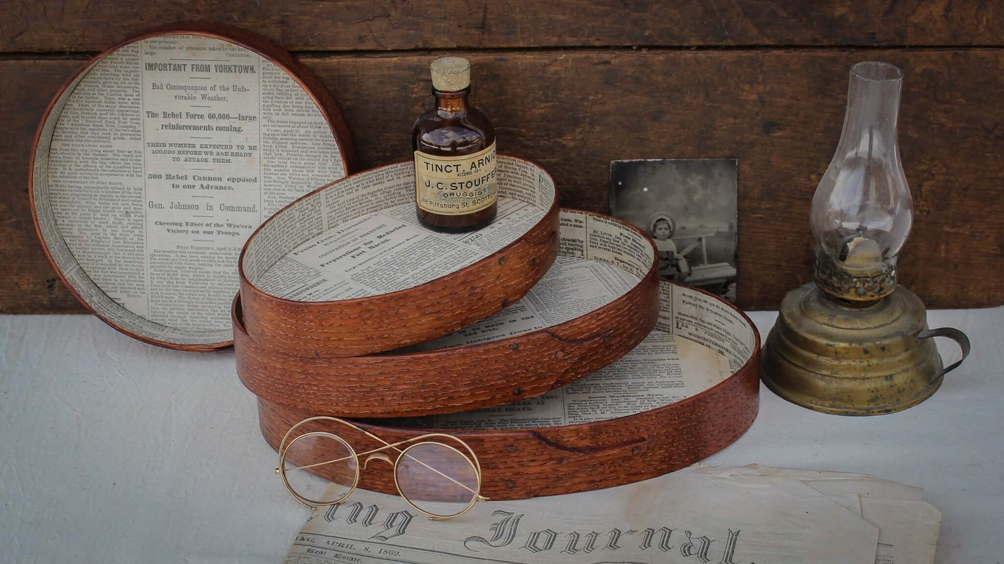 Shaker trays lined with Civil War-era newspaper - LeHay's Shaker Boxes