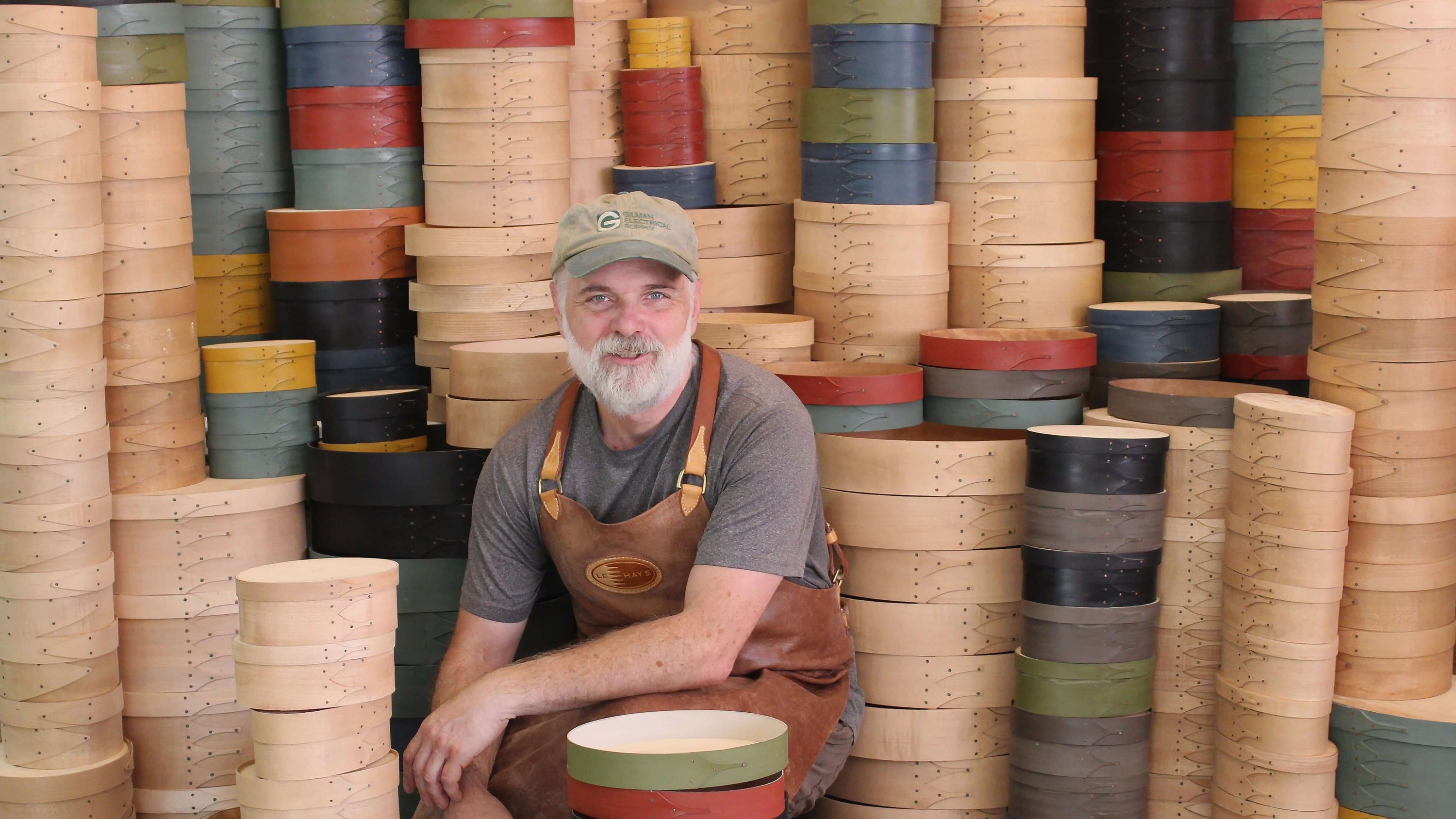 Handcrafted Shaker oval boxes, carriers, and trays in progress at LeHay’s Shaker Boxes, made by Rob LeHay in Maine