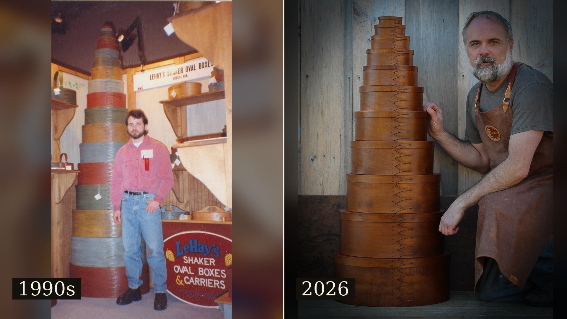 Robert LeHay with stacks of handcrafted Shaker oval boxes — at a craft show in the 1990s and in his Embden, Maine workshop in 2026.