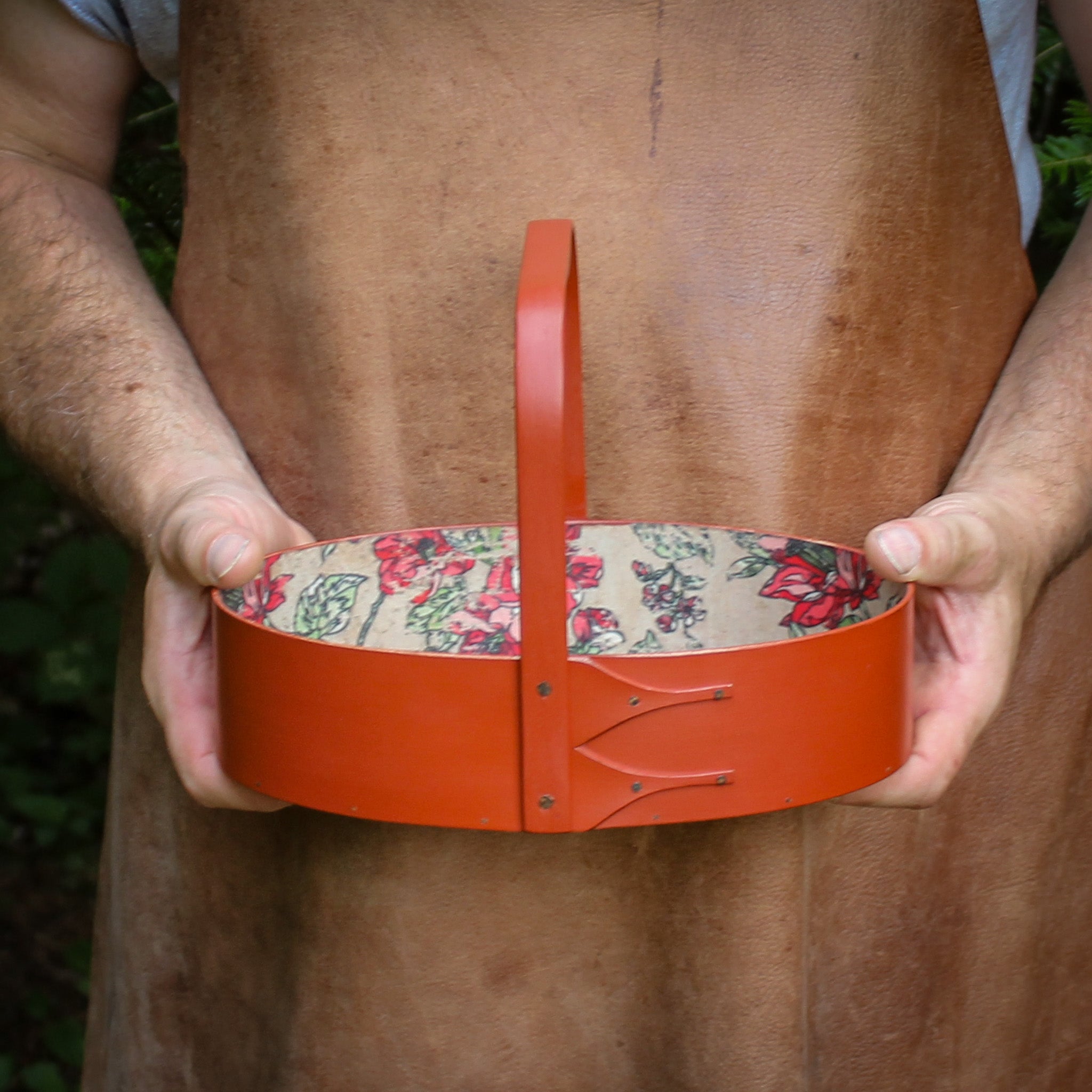 Shaker Sewing Carrier in red milk paint, paper-lined interior, handcrafted by LeHay’s Shaker Boxes.