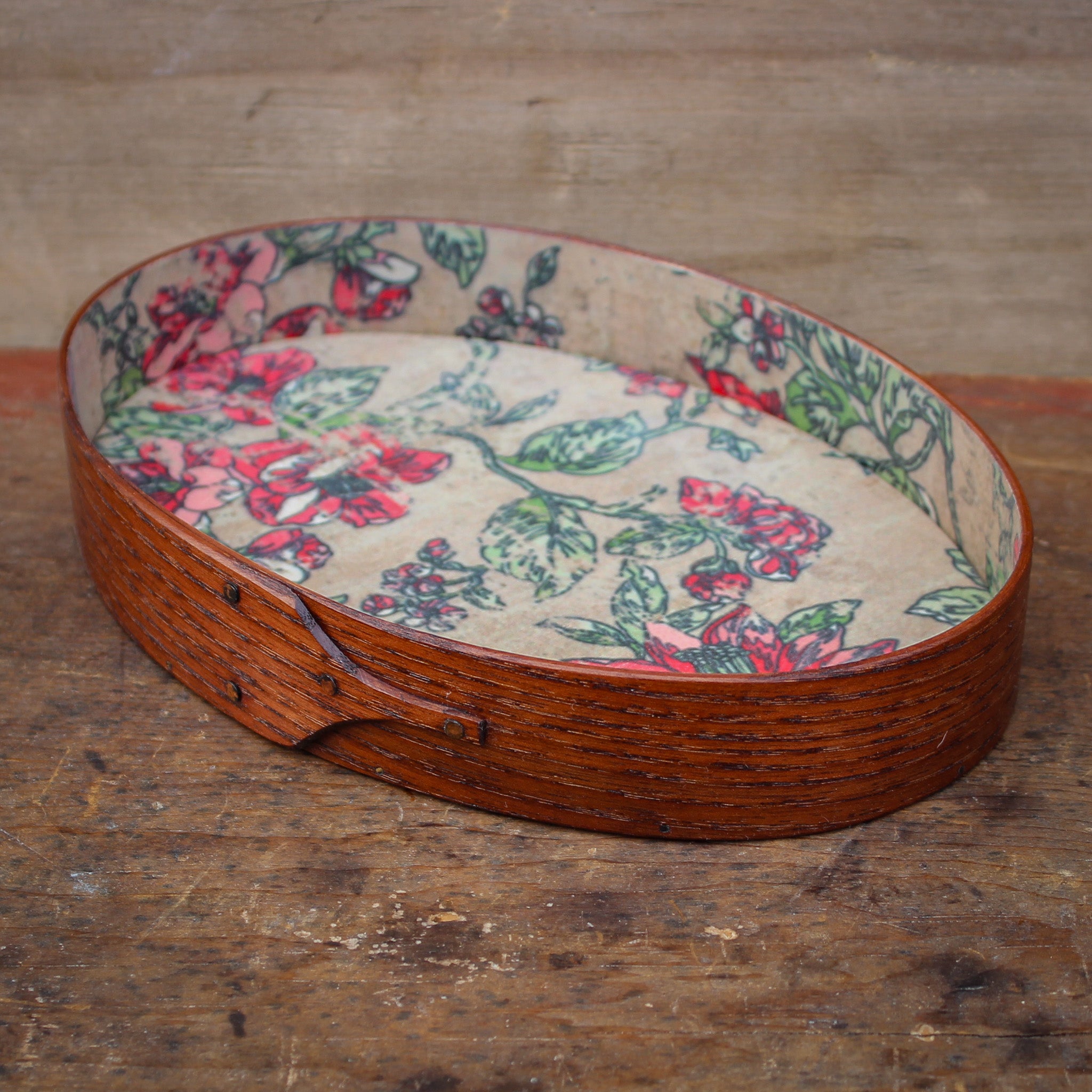Size #4 Oval Stitchers Tray, Antiqued Natural with Red Floral Paper