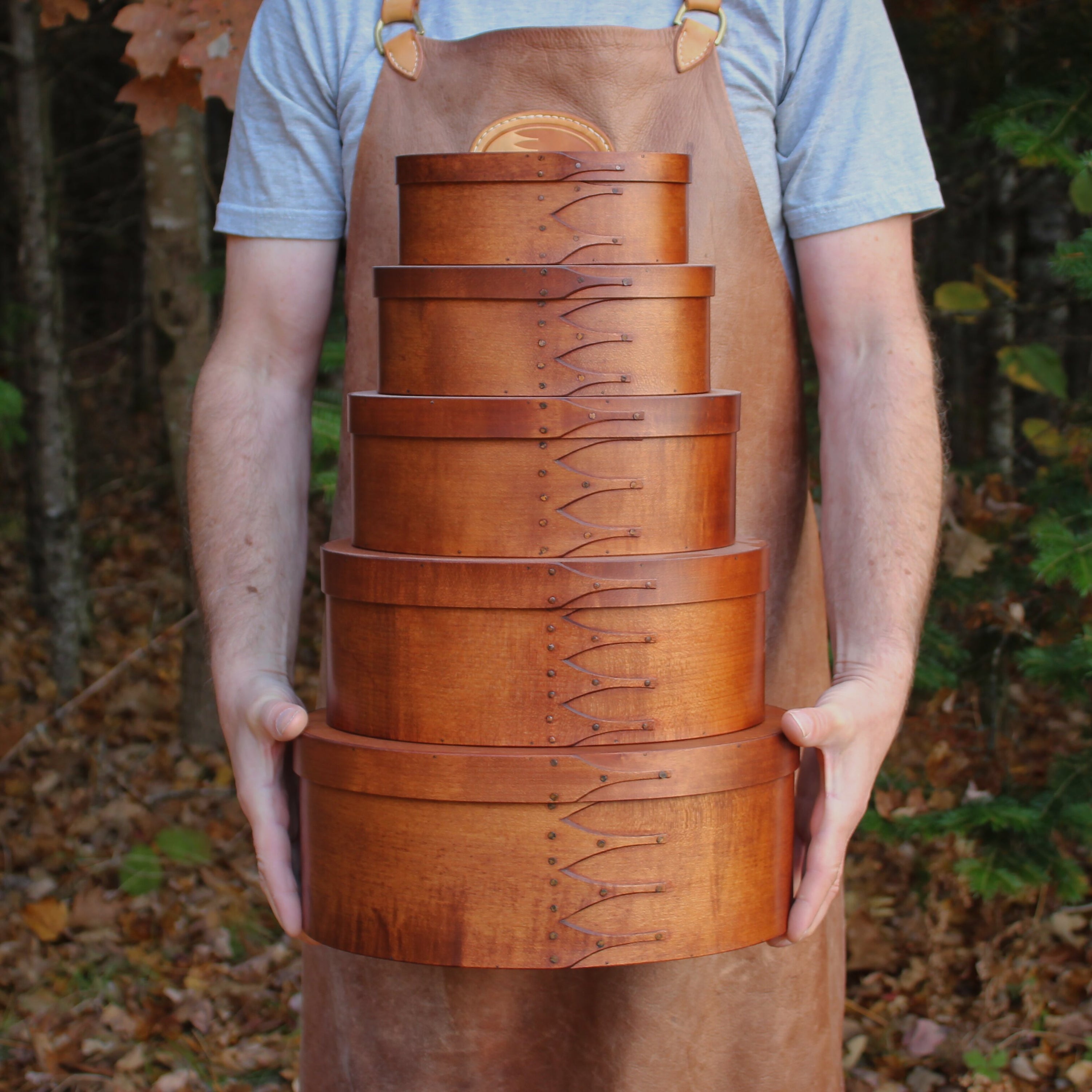 Stack of Five Boxes, Sizes #3 through #7, Antiqued Natural Finish