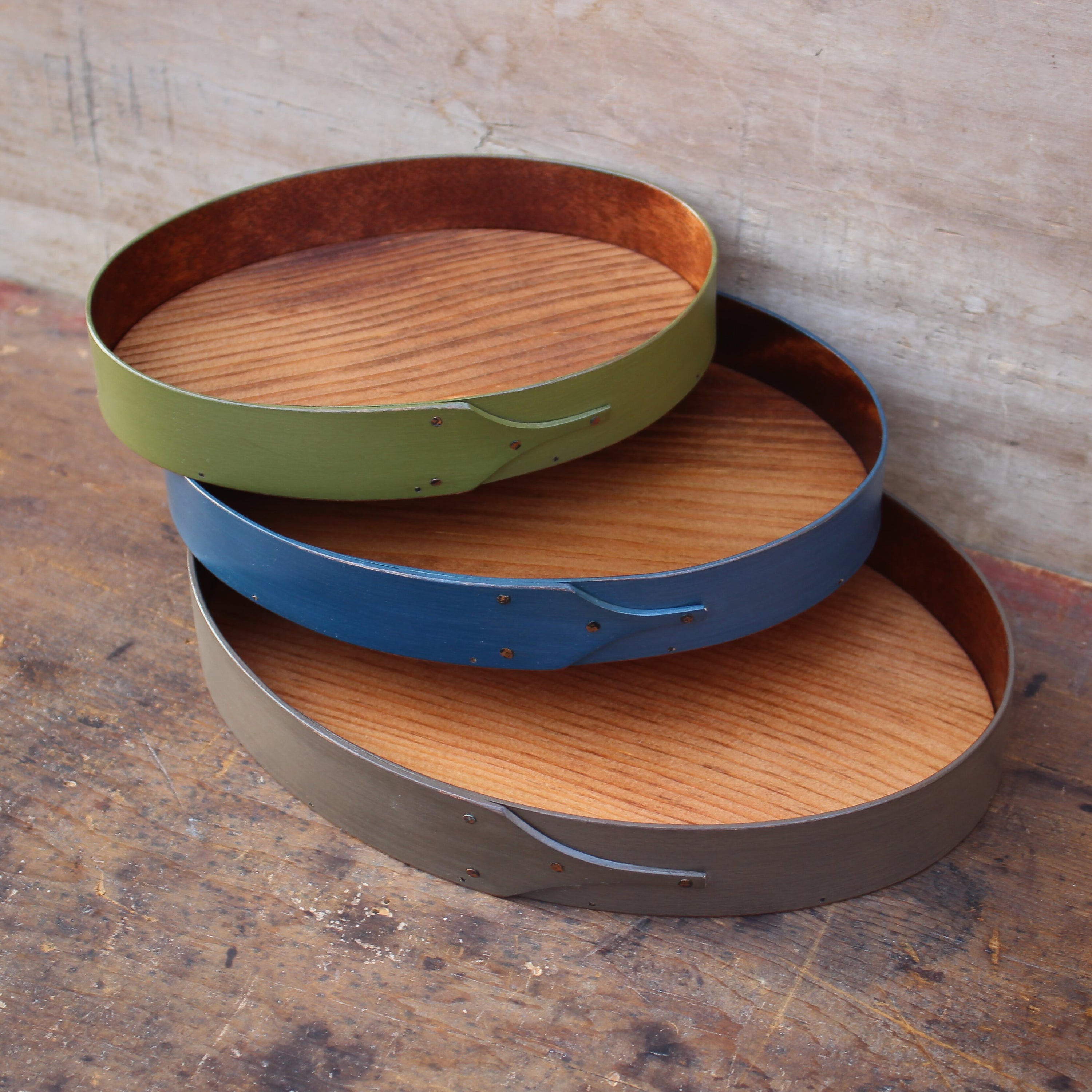 Set of Three Oval Trays, Sizes #3 through #5 (Green, Blue, Grey)