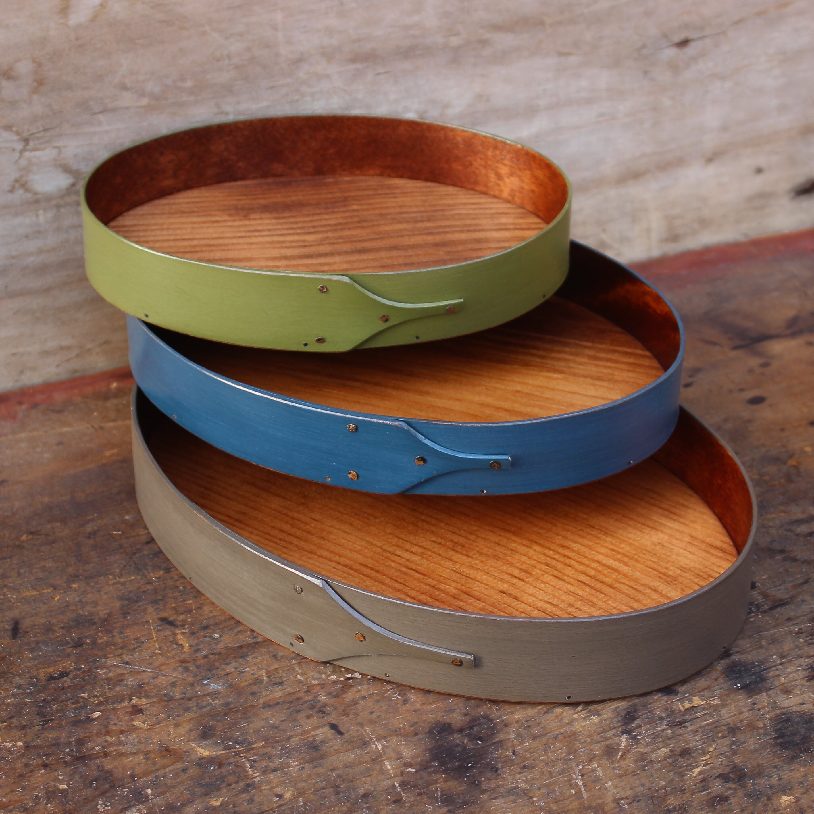 Set of Three Oval Trays, Sizes #3 through #5 (Green, Blue, Grey)