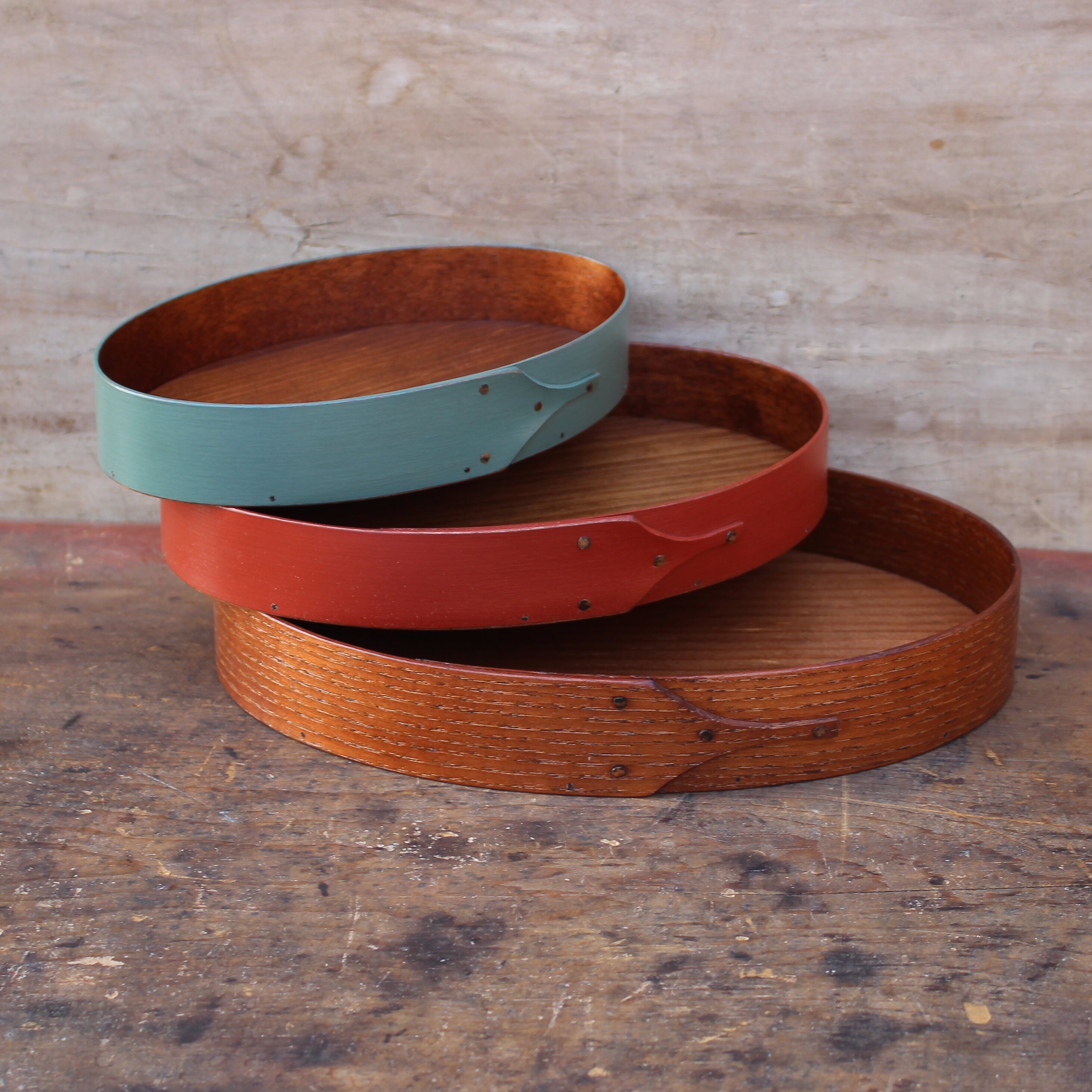 Set of Three Oval Trays, Sizes #3 through #5 (Sea Green, Red, Natural)