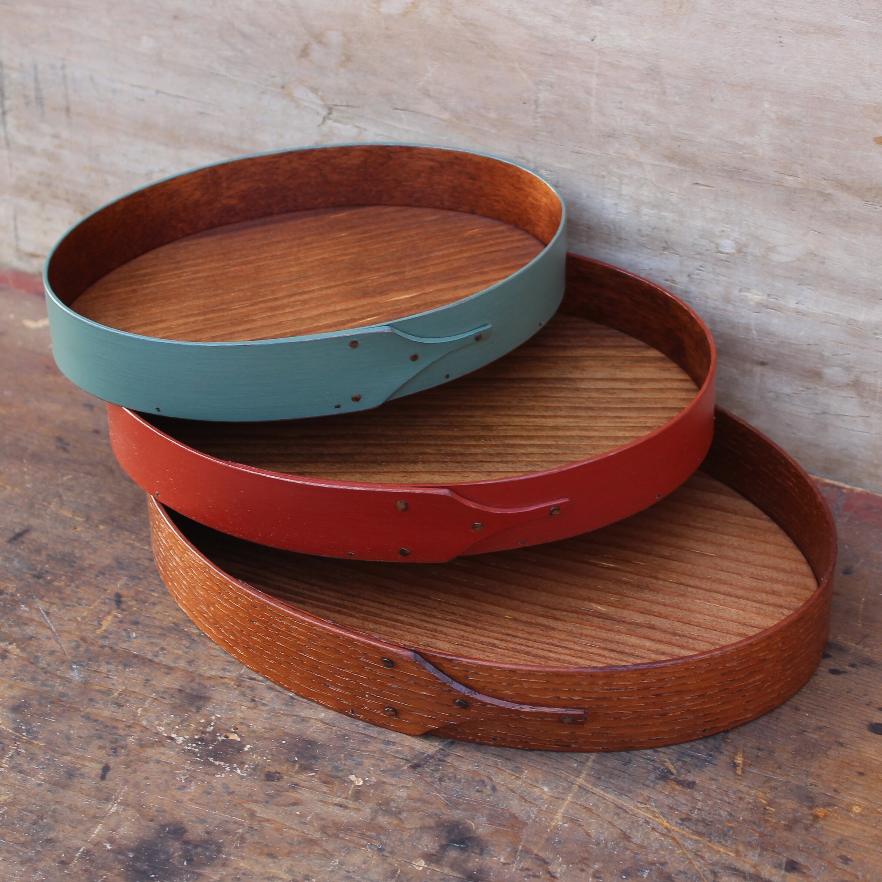 Set of Three Oval Trays, Sizes #3 through #5 (Sea Green, Red, Natural)