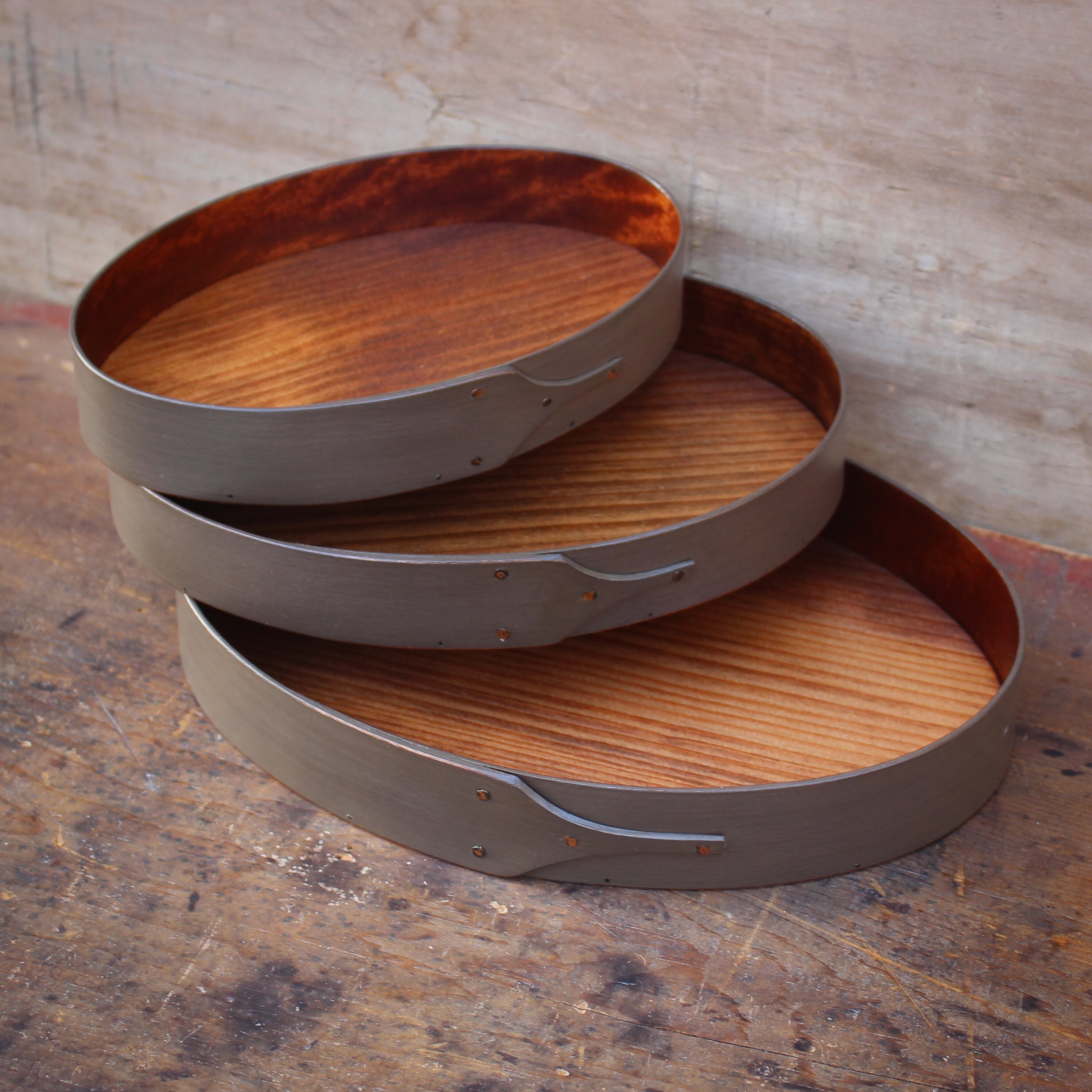 Set of Three Oval Trays, Sizes #3 through #5, Grey Milk Paint Finish