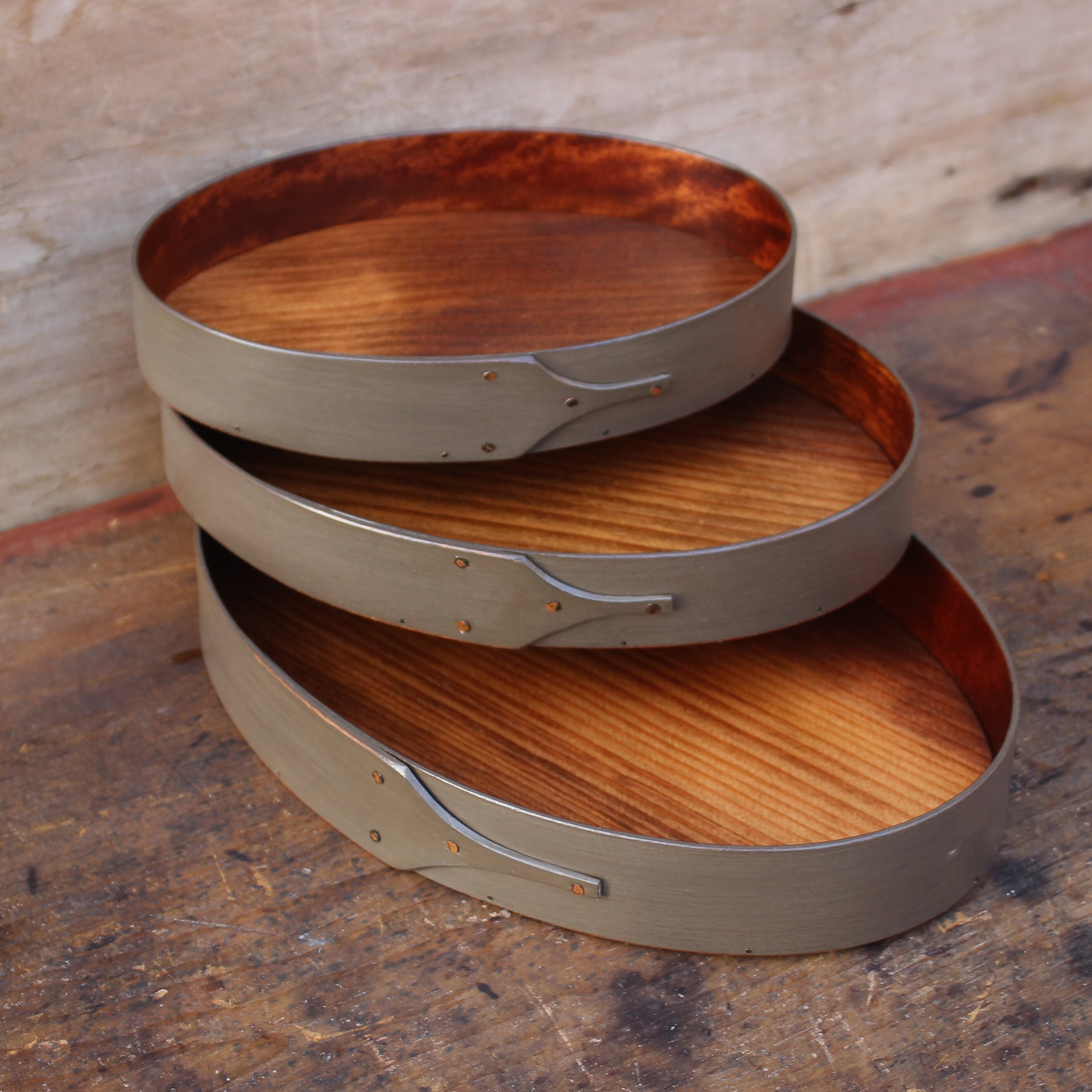 Set of Three Oval Trays, Sizes #3 through #5, Grey Milk Paint Finish