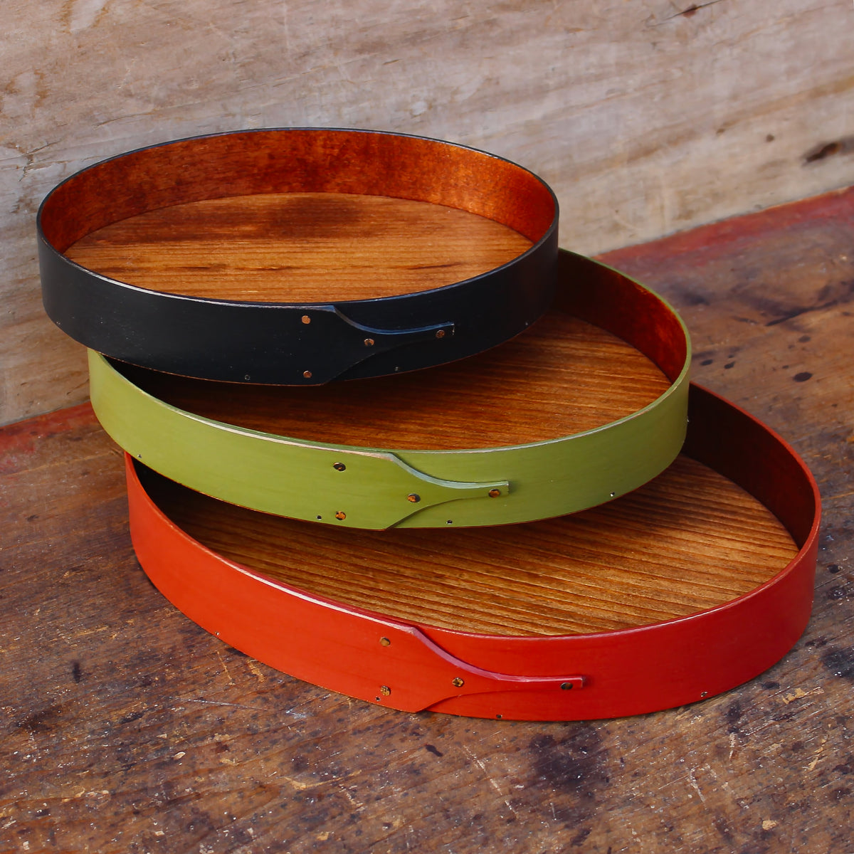 Shaker stitcher's trays in black, green, and red milk paint