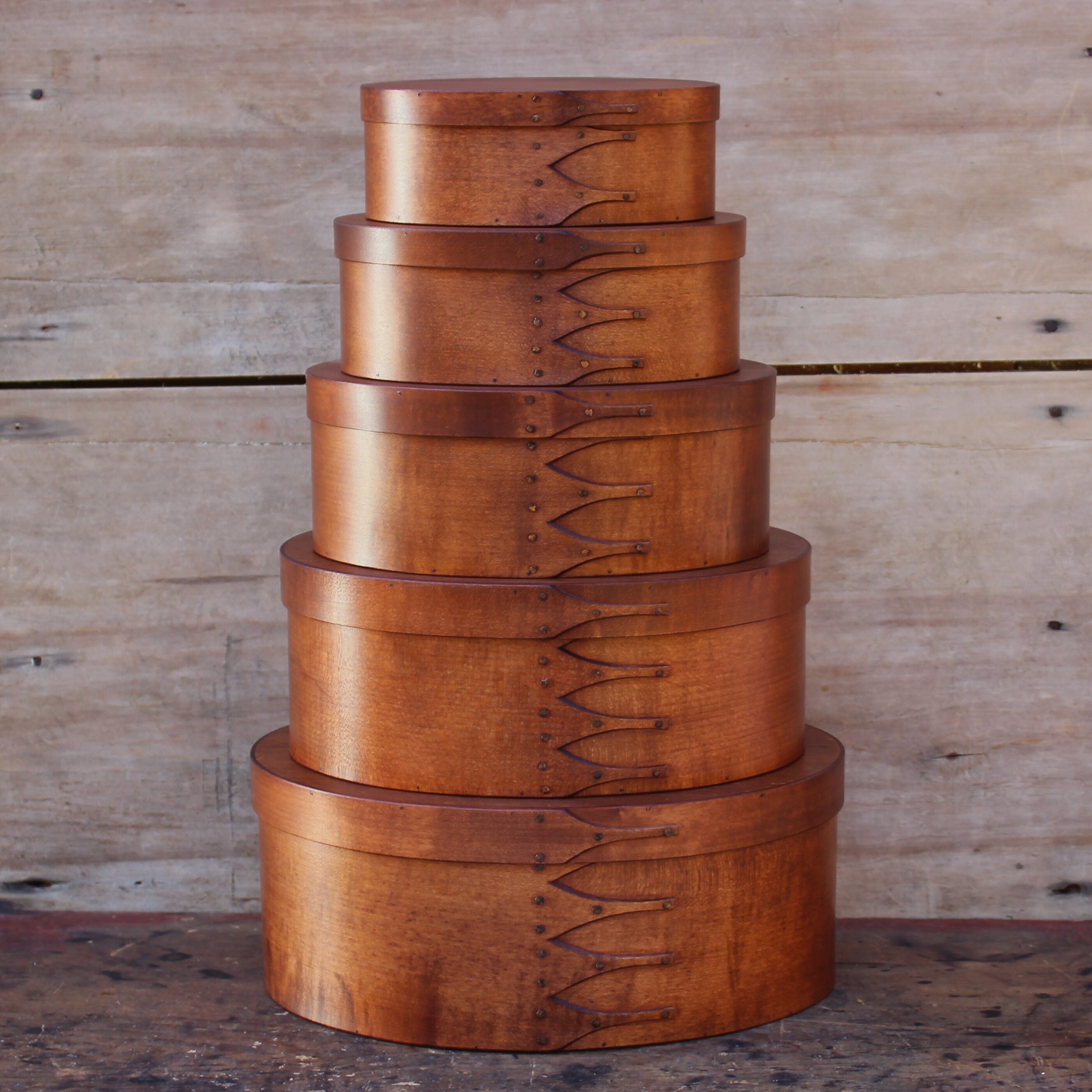 Stack of Five Boxes, Sizes #3 through #7, Antiqued Natural Finish