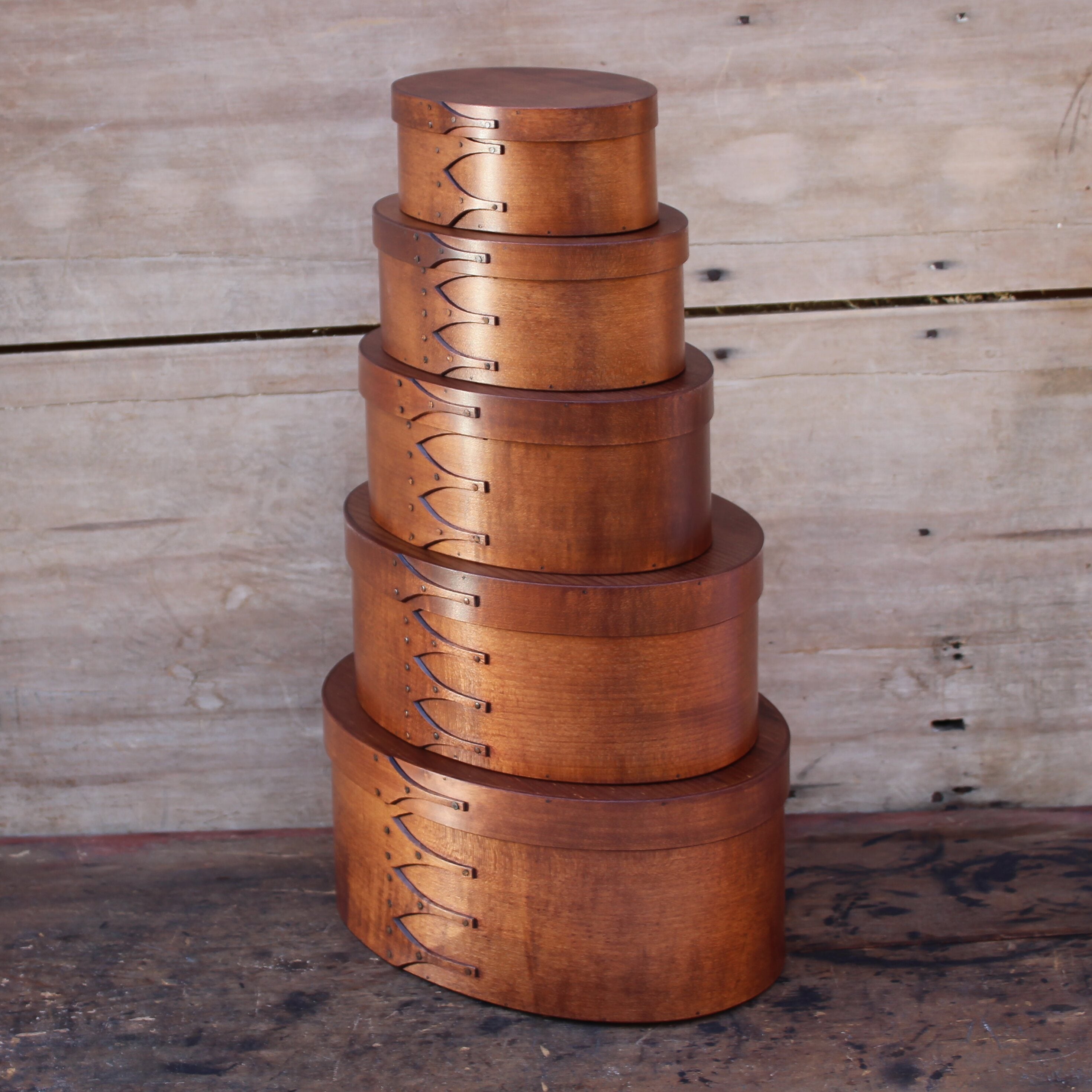 Stack of Five Boxes, Sizes #3 through #7, Antiqued Natural Finish