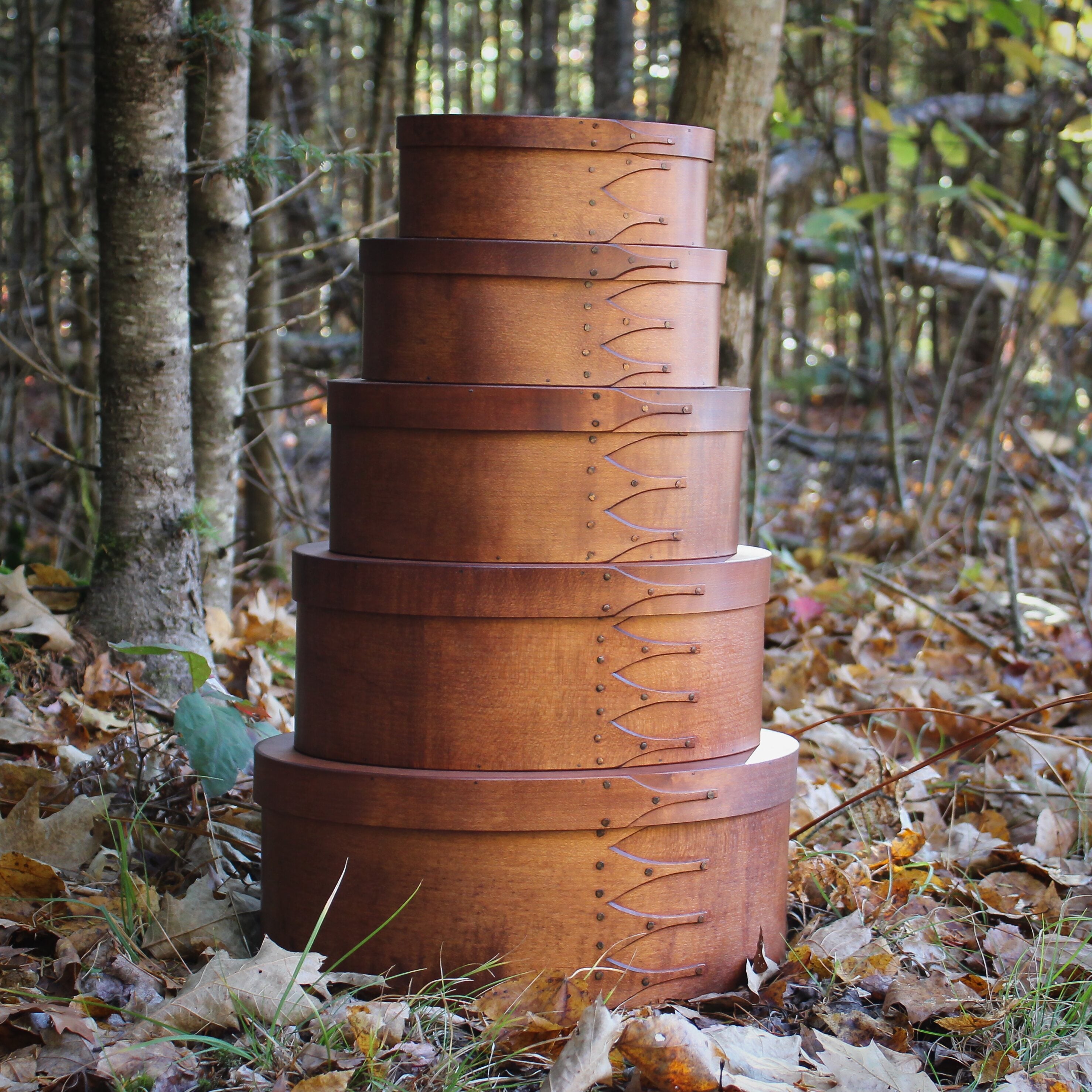 Stack of Five Boxes, Sizes #3 through #7, Antiqued Natural Finish