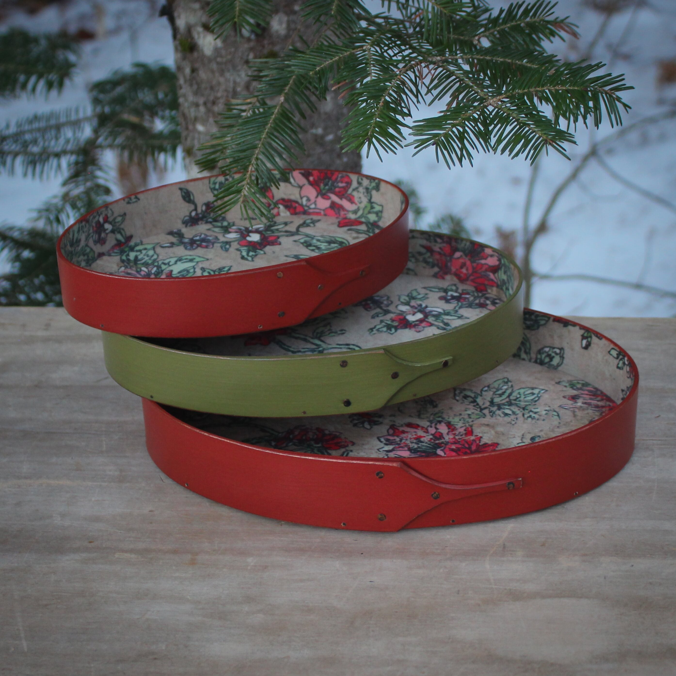 Set of Three (3) Oval Stitchers Trays, Papered Interior, Red/Green/Red Milk Paint Finish