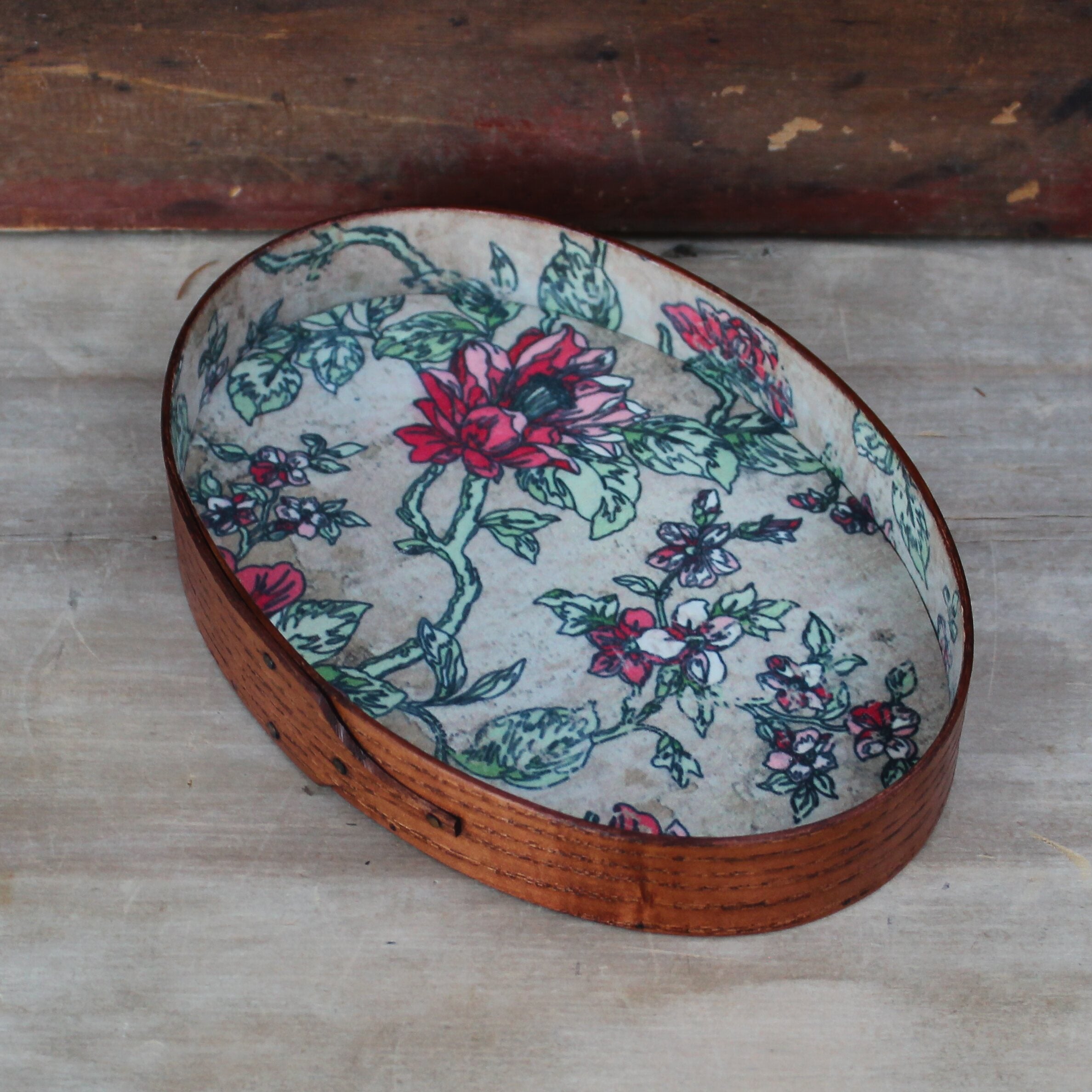Size #4 Oval Stitchers Tray, Antiqued Natural with Red Floral Paper