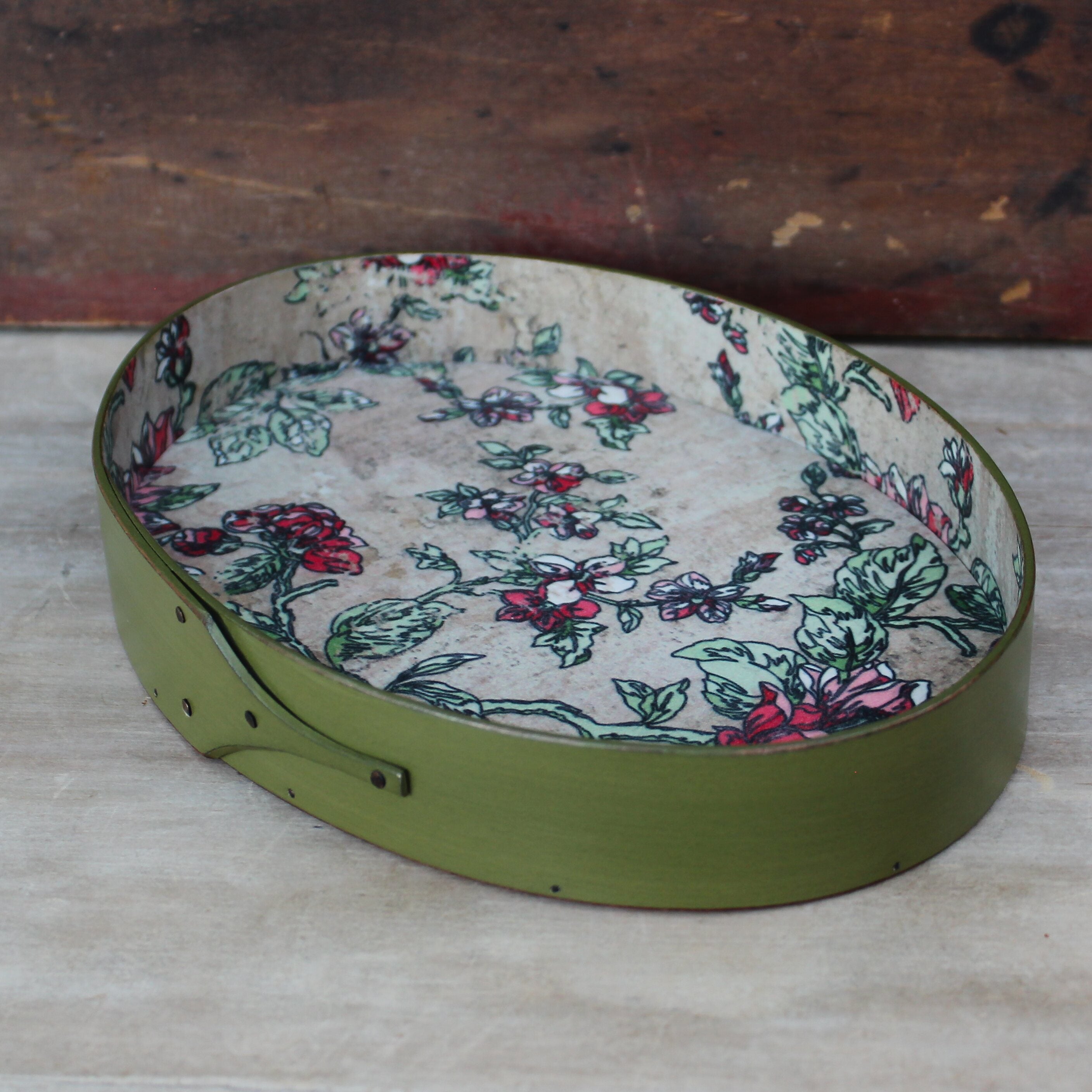 Size #5 Oval Stitchers Tray, Papered Interior, Green Milk Paint Finish