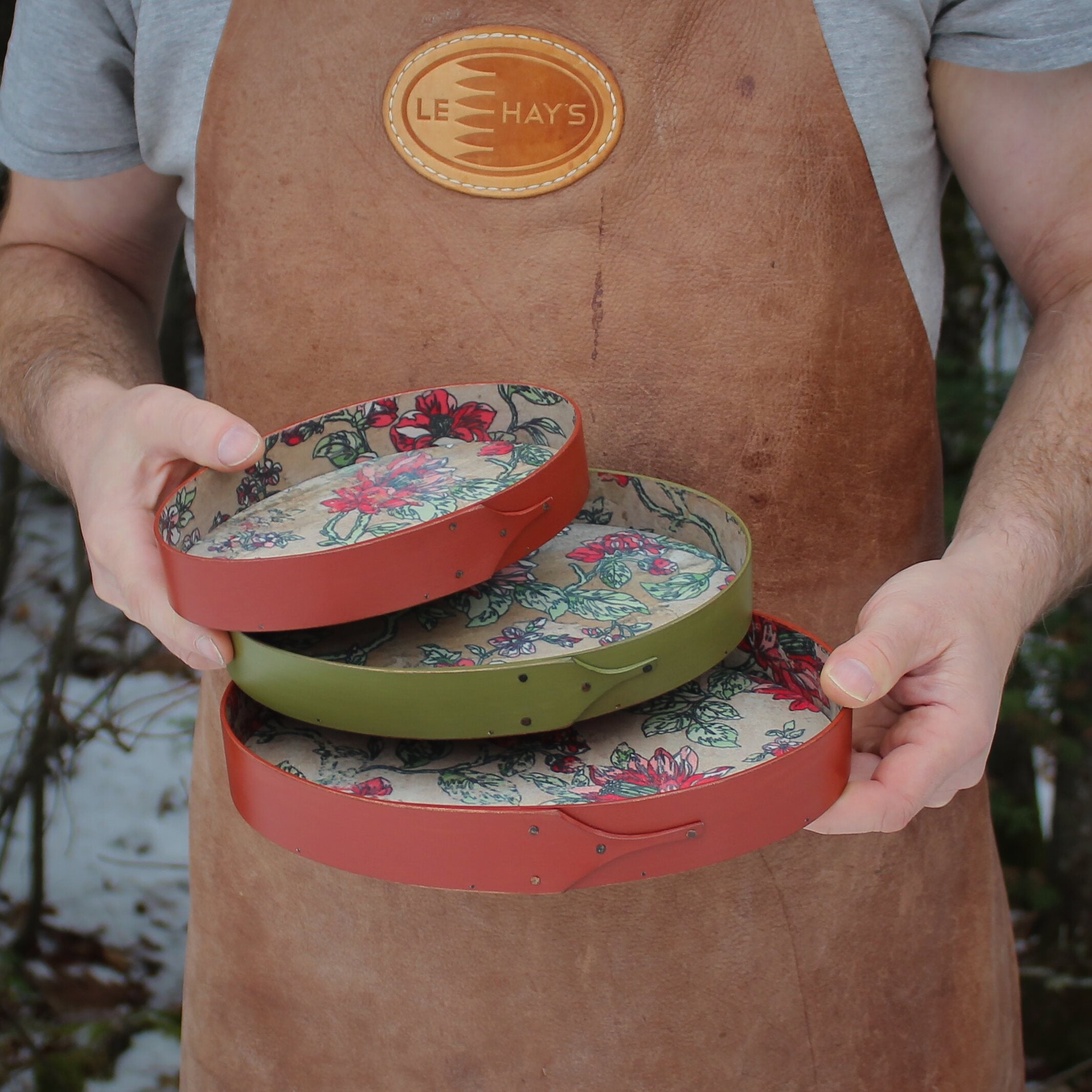 Set of Three (3) Oval Stitchers Trays, Papered Interior, Red/Green/Red Milk Paint Finish