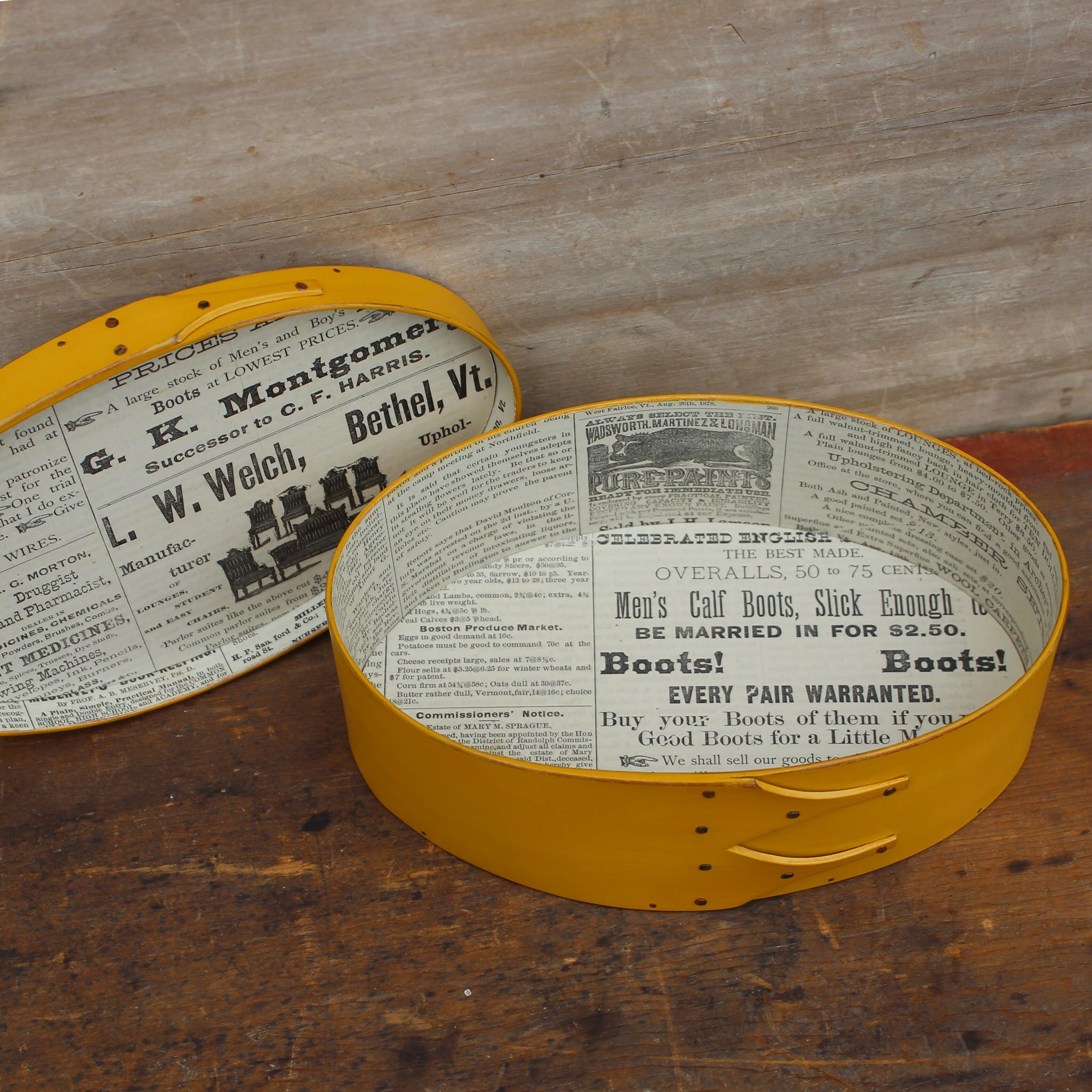 Discounted, Size #3 Oval Box, Antique Paper Lined, Yellow Milk Paint Finish, Boots Adv **2nd Discounted**