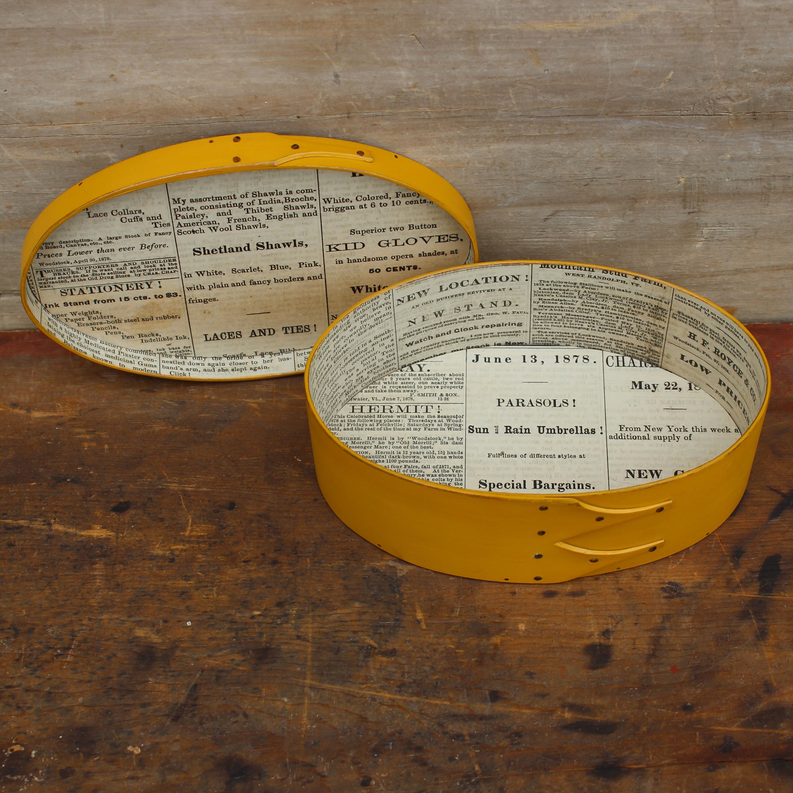 Discounted, Size #3 Oval Box, Antique Paper Lined, Yellow Milk Paint Finish, Parasols **2nd Discounted**