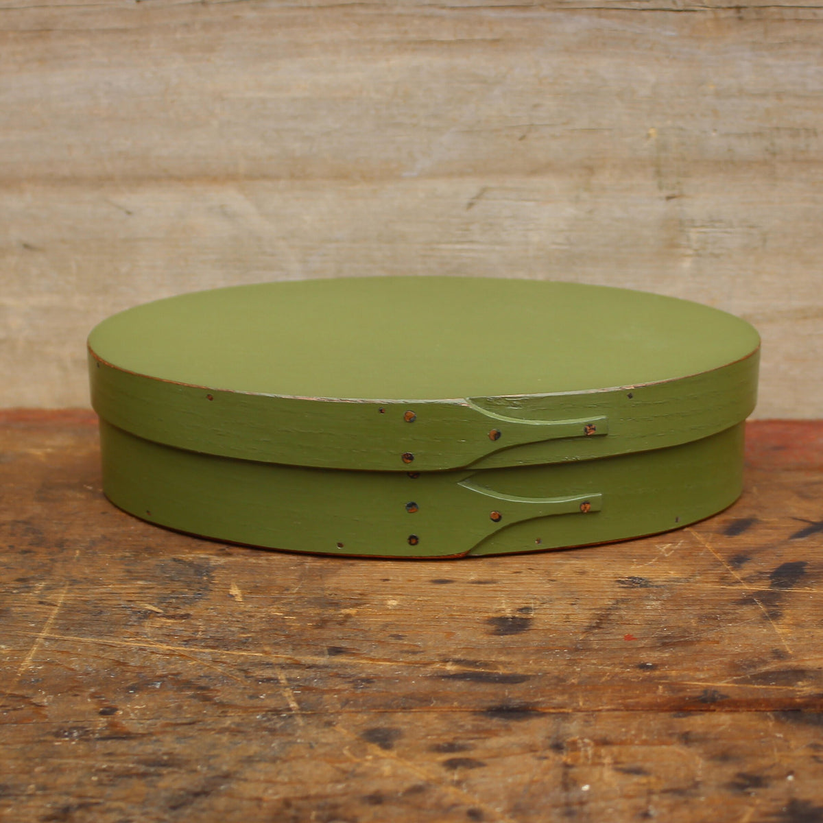 Size #3 oval button box in green milk paint
