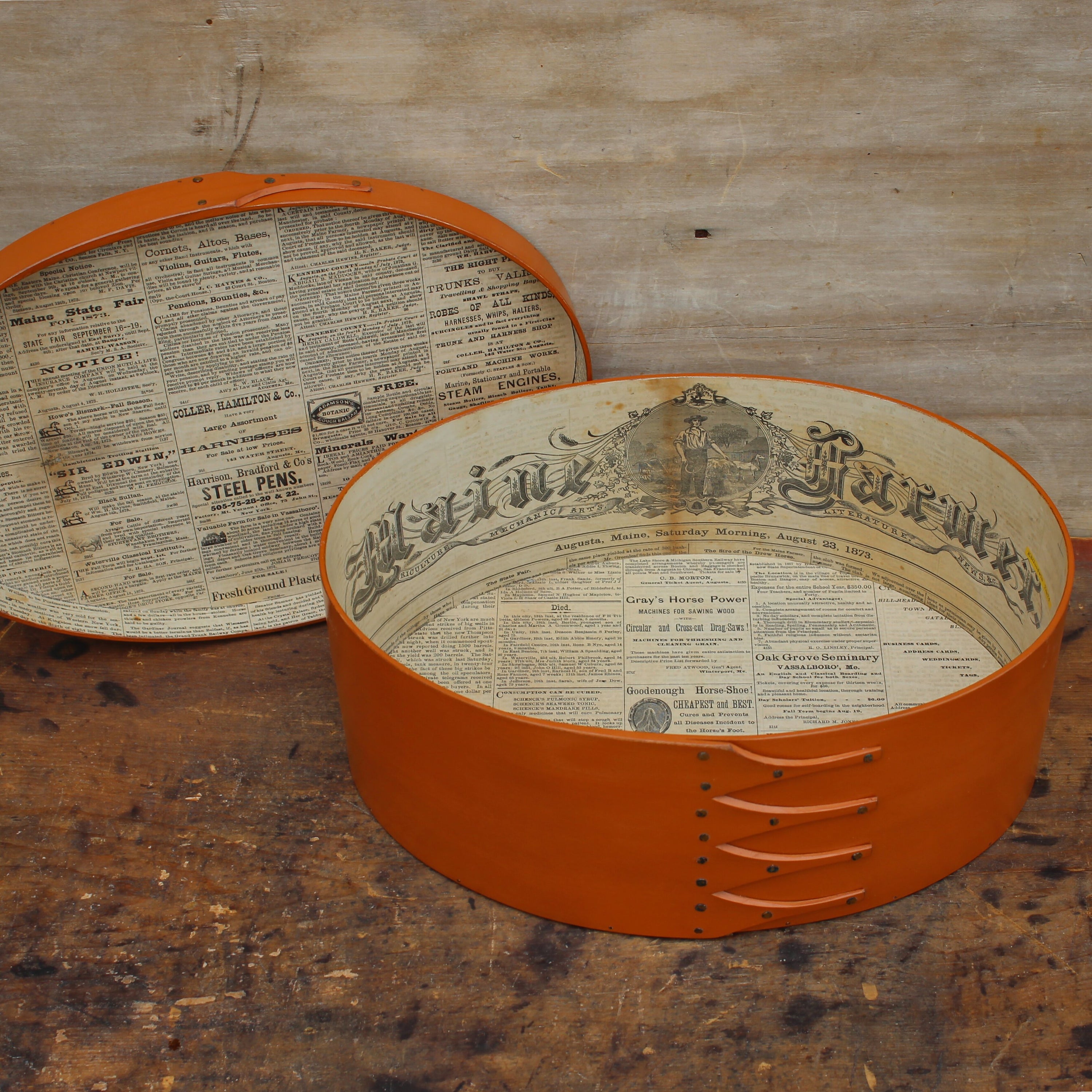 Size #7 Oval Box, Antique Paper Lined, Pumpkin Milk Paint Finish