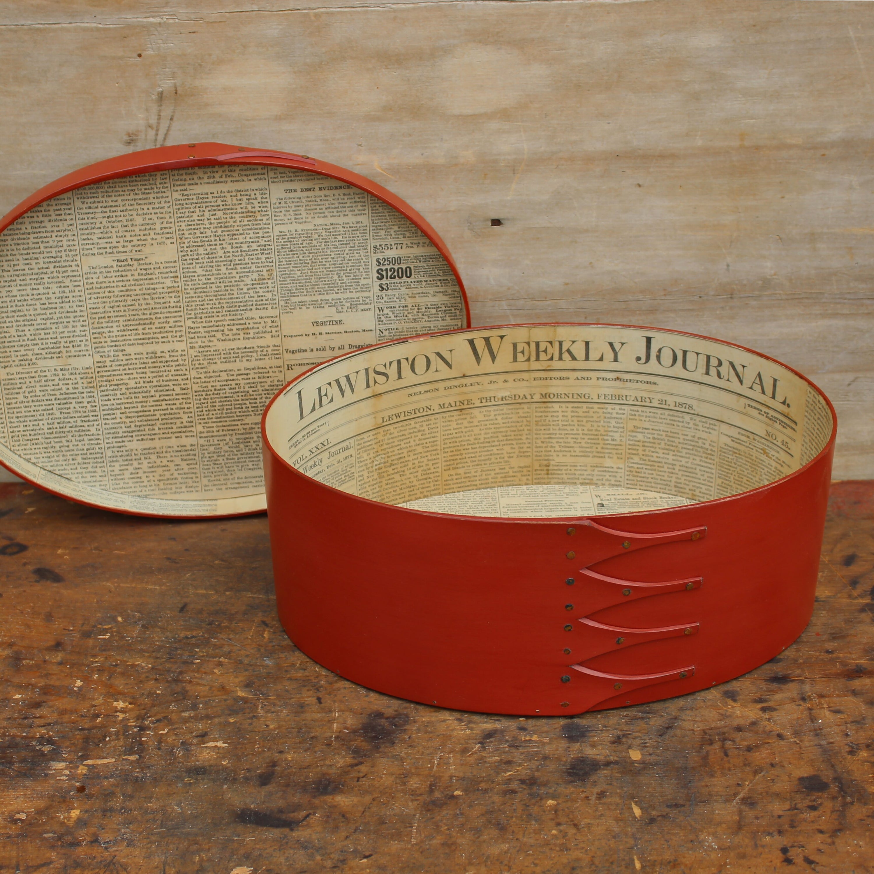 Size #7 Oval Box, Antique Paper Lined, Red Milk Paint Finish
