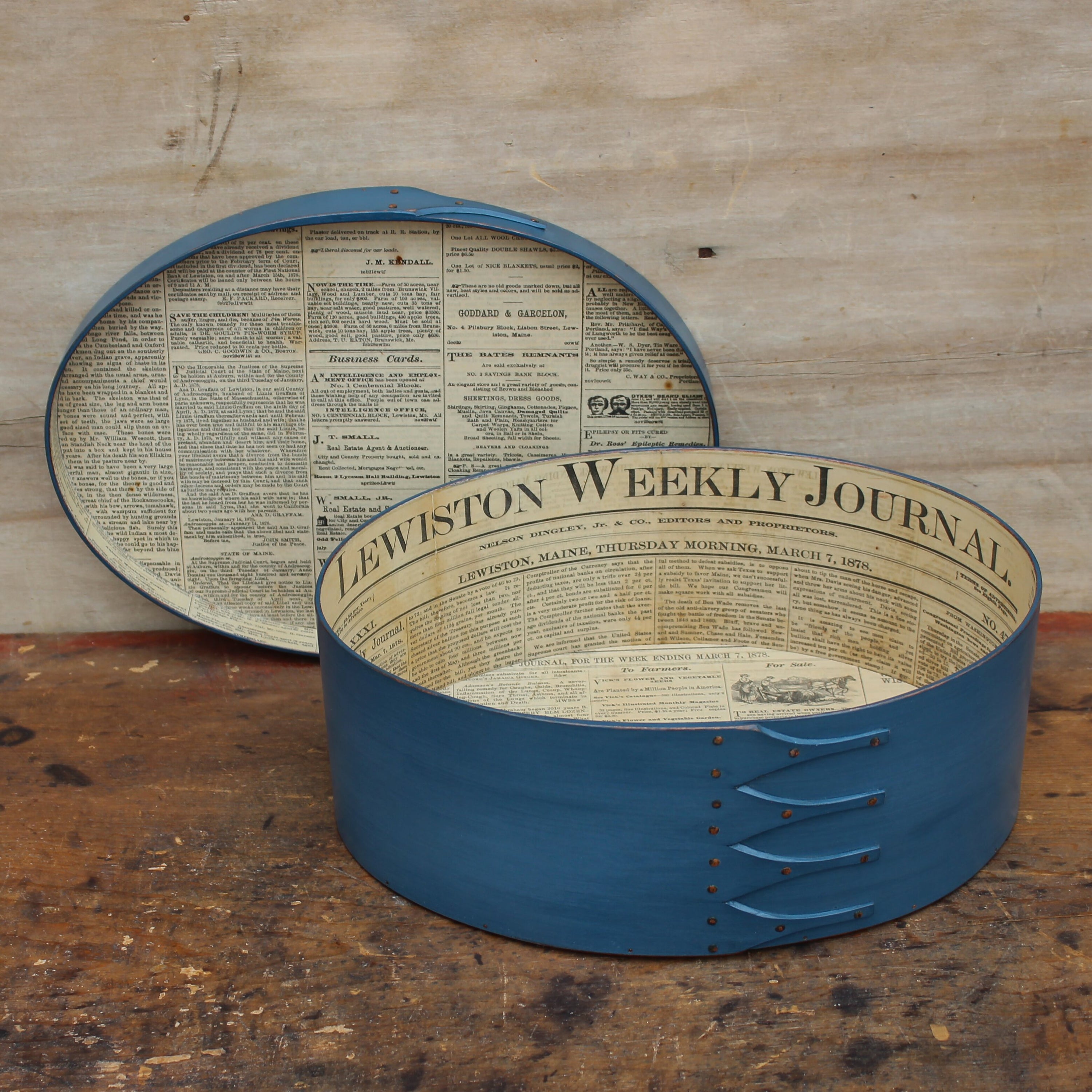 Size #6 Oval Box, Antique Paper Lined, Blue Milk Paint Finish