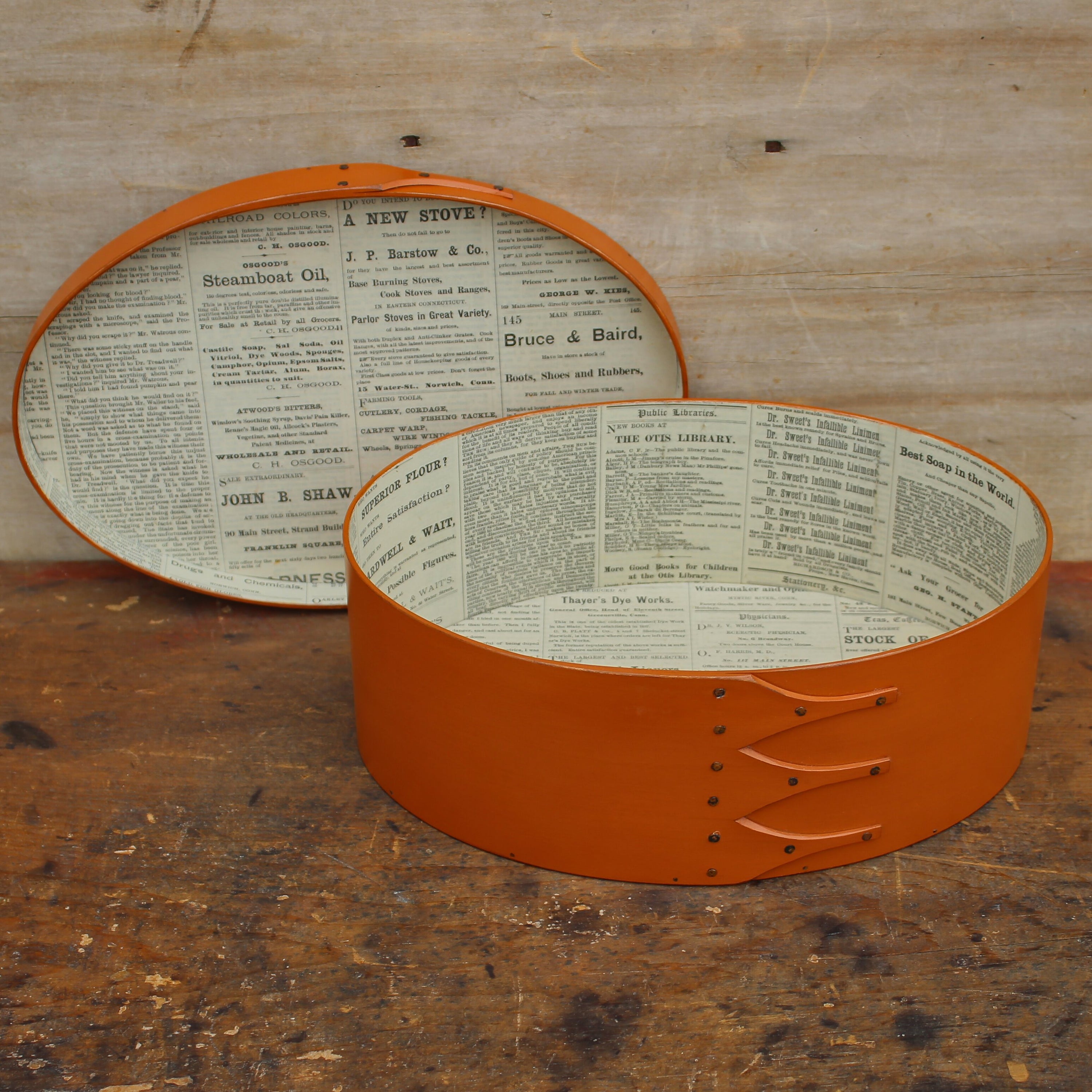 Discounted, Size #5 Oval Box, Antique Paper Lined, Pumpkin Milk Paint Finish **2nd, Discounted**