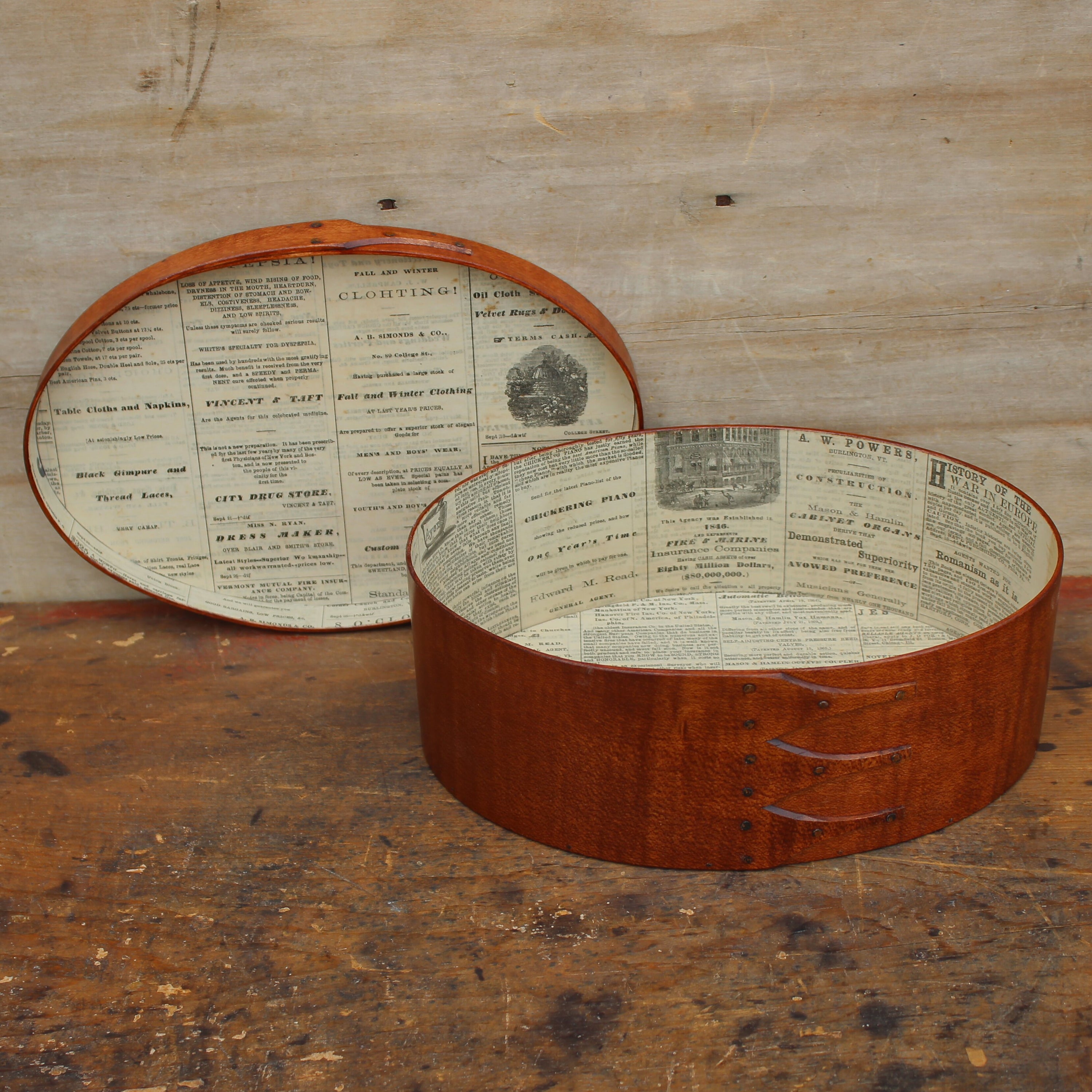 Size #5 Oval Box, Antique Paper Lined, Antiqued Natural, 1846 Paper