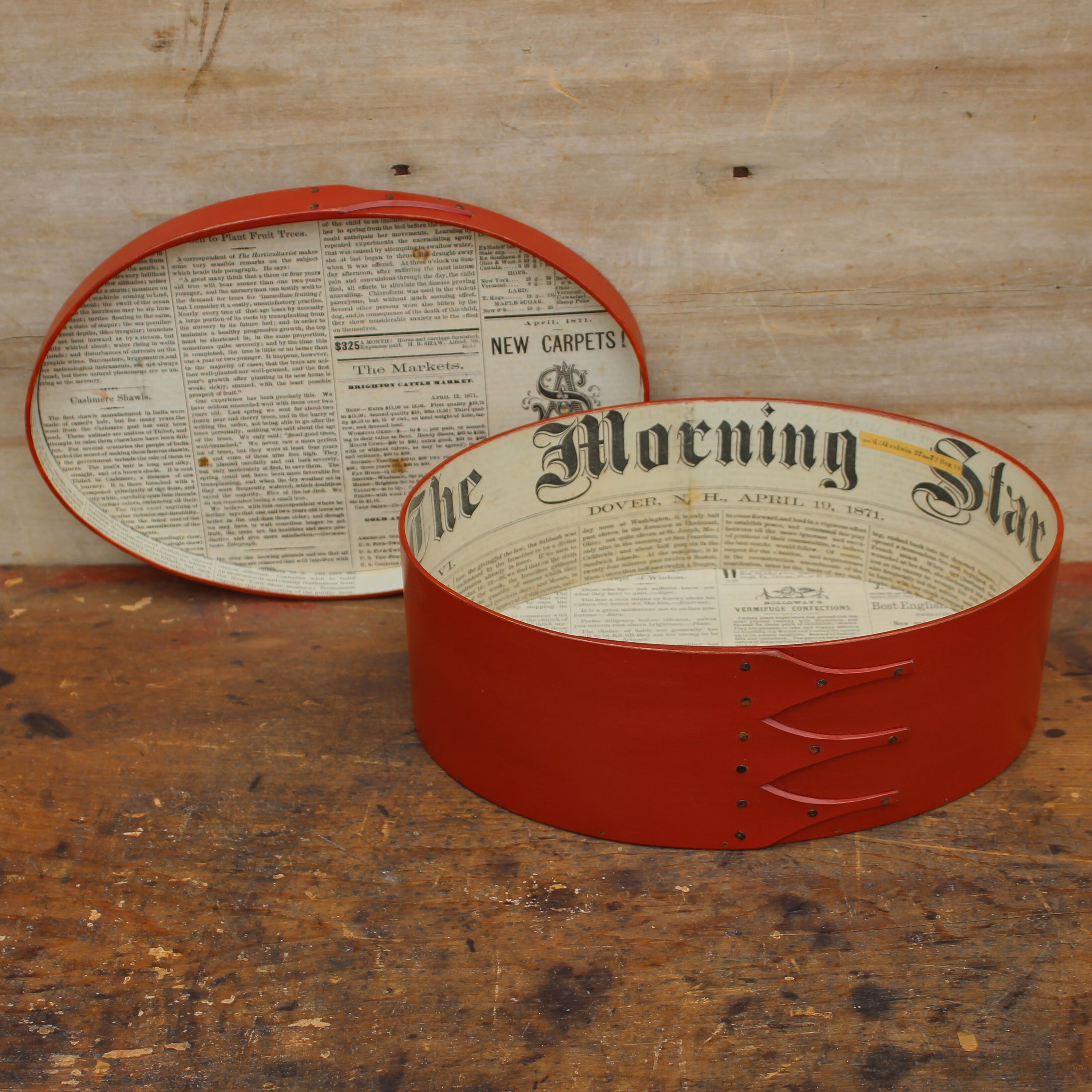 Size #5 Oval Box, Antique Paper Lined, Red Milk Paint Finish