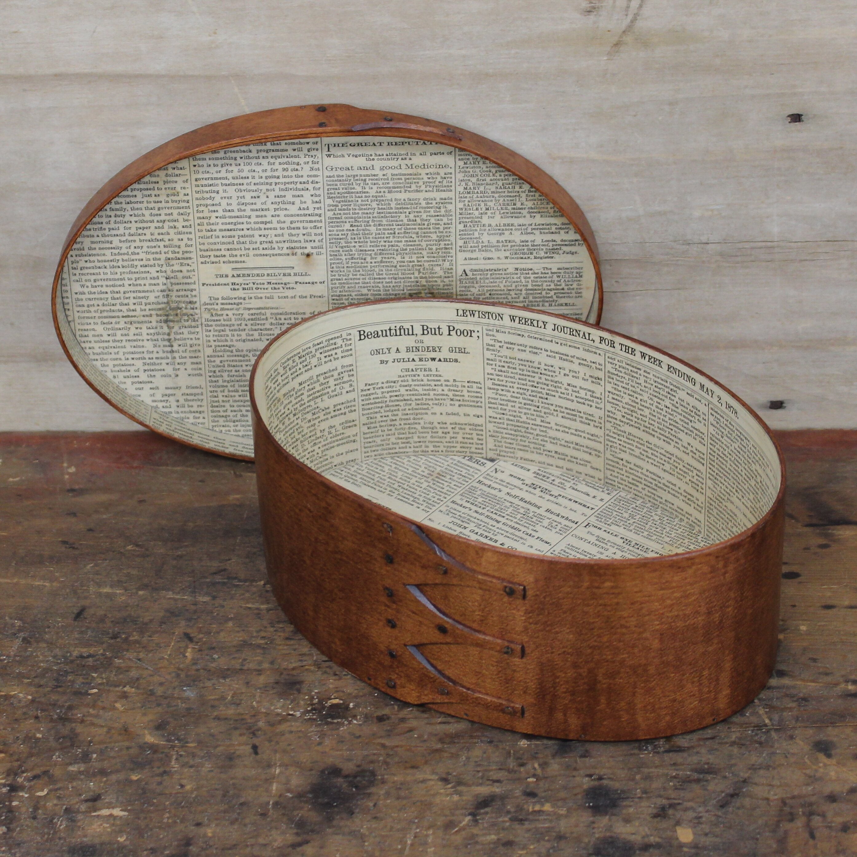 Size #5 Oval Box, Antique Paper Lined, Antiqued Natural, 1878 Lewiston Paper