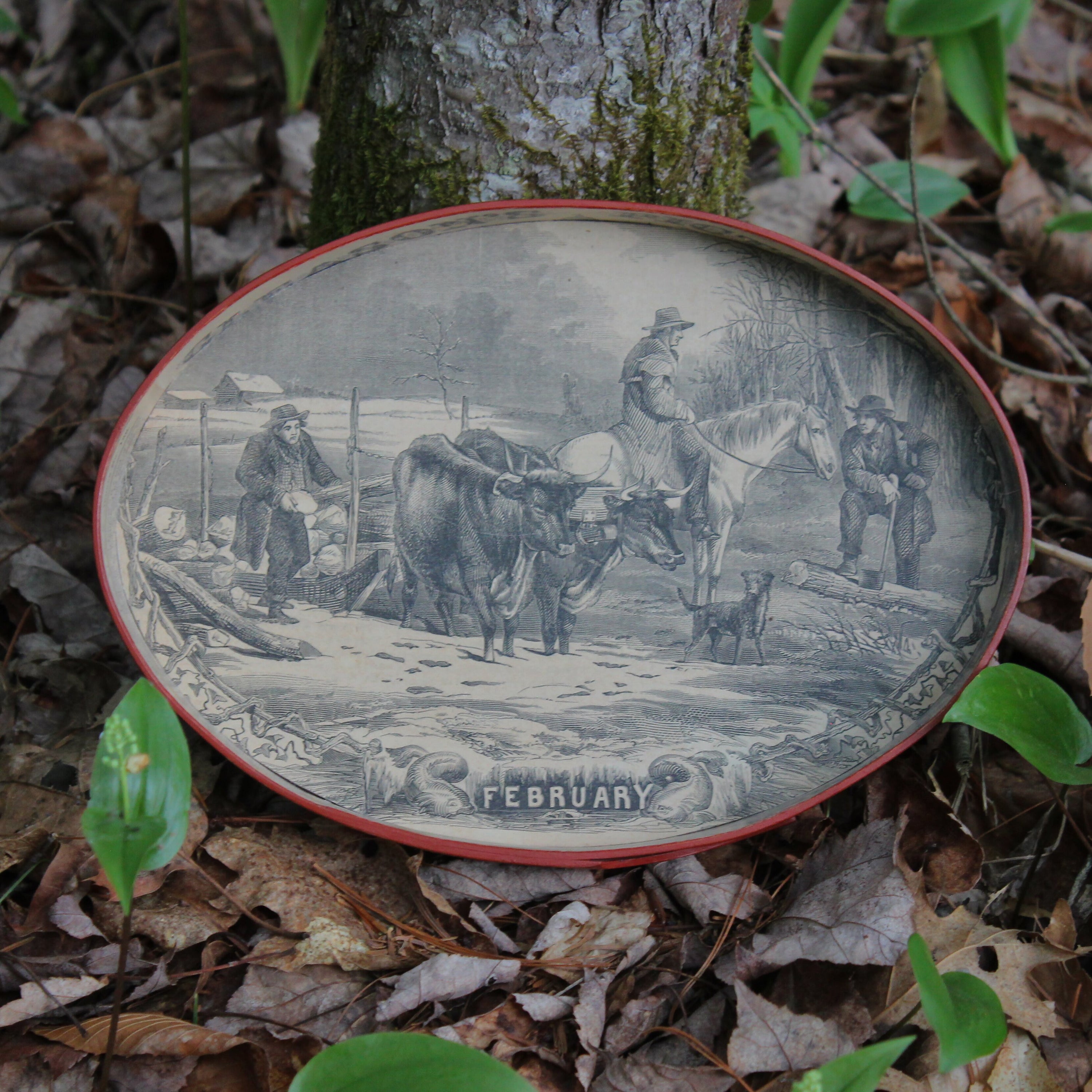 Size #5 Shaker Oval Stitchers Tray — February 1854 Gleason’s Pictorial Farm Scene — Red Milk Paint