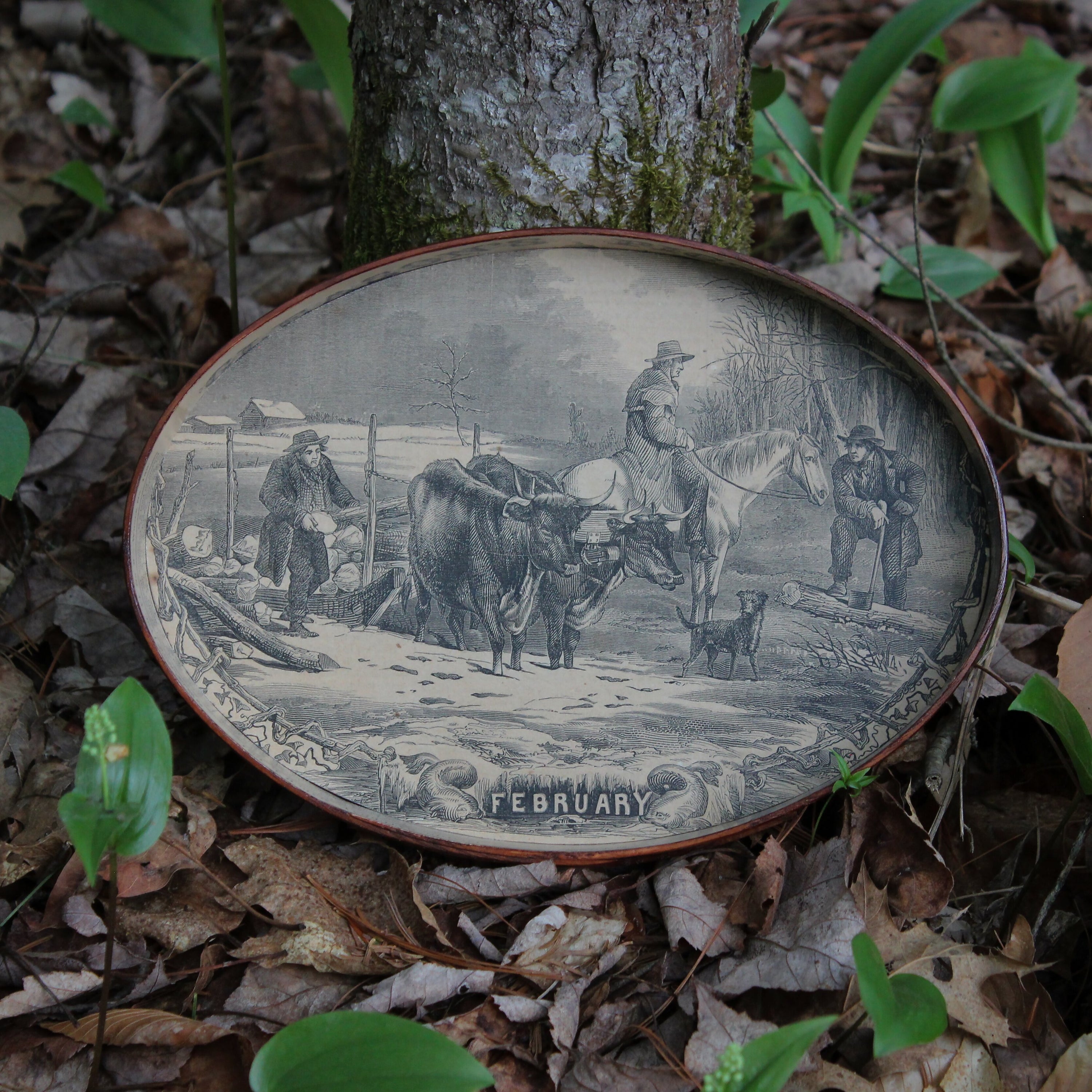 Size #5 Shaker Oval Stitchers Tray — February 1854 Gleason’s Pictorial Farm Scene — Antiqued Natural (B&W Print)