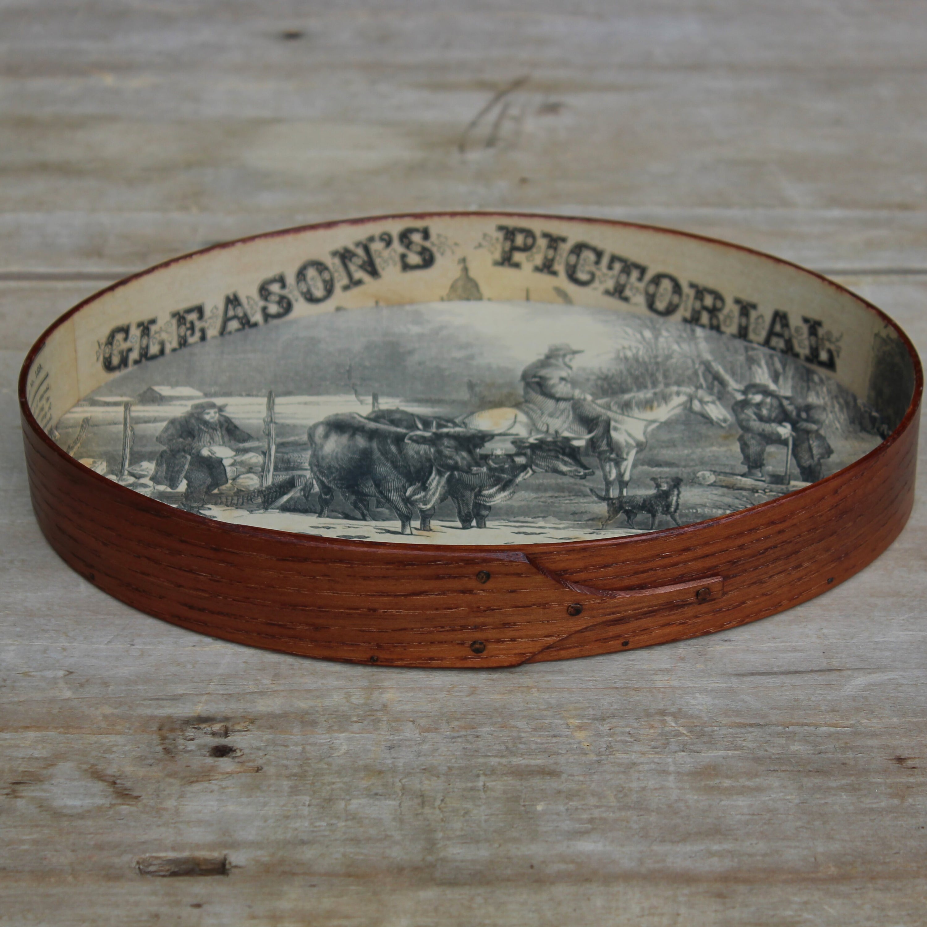 Size #5 Shaker Oval Stitchers Tray — February 1854 Gleason’s Pictorial Farm Scene — Antiqued Natural (B&W Print)