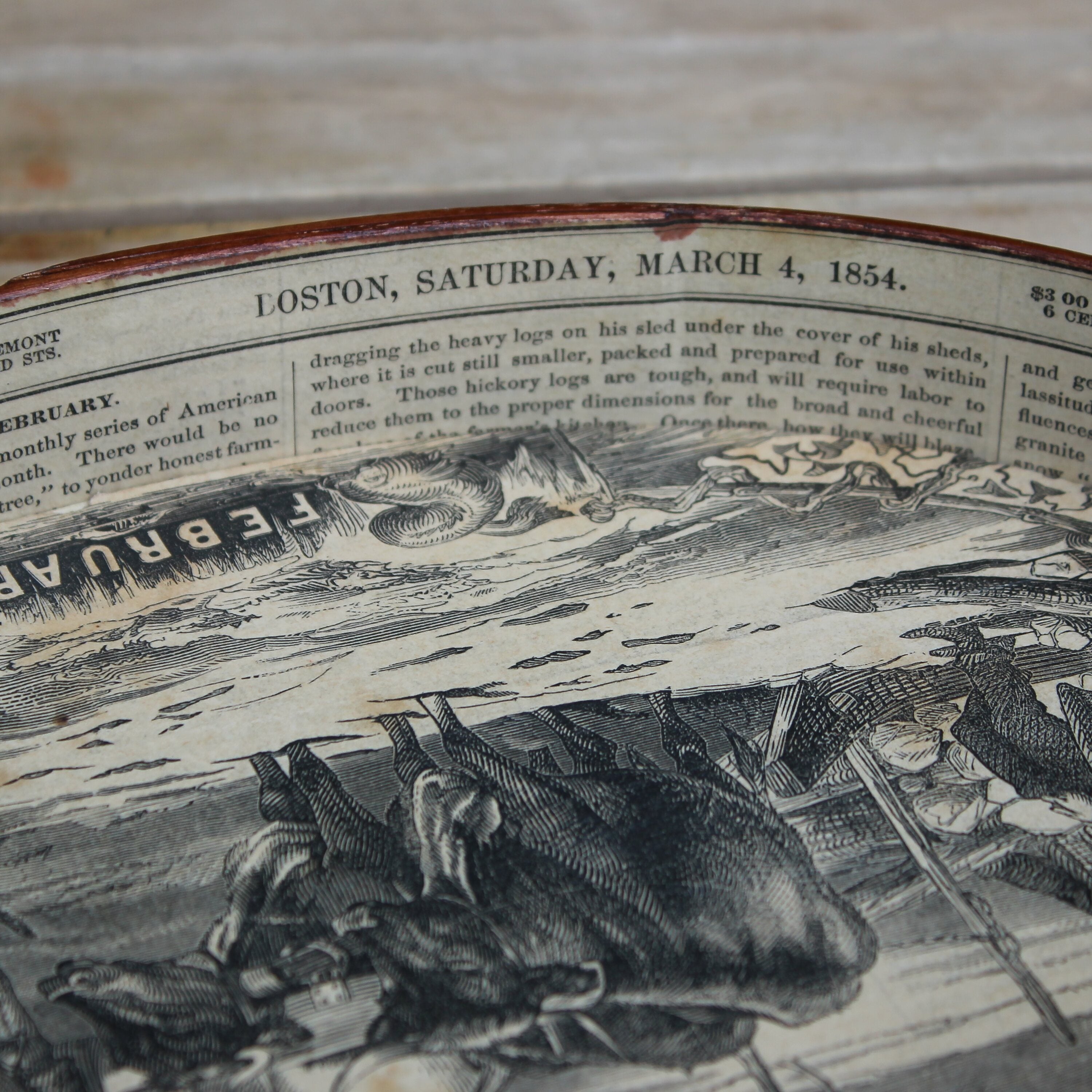 Size #5 Shaker Oval Stitchers Tray — February 1854 Gleason’s Pictorial Farm Scene — Antiqued Natural (B&W Print)