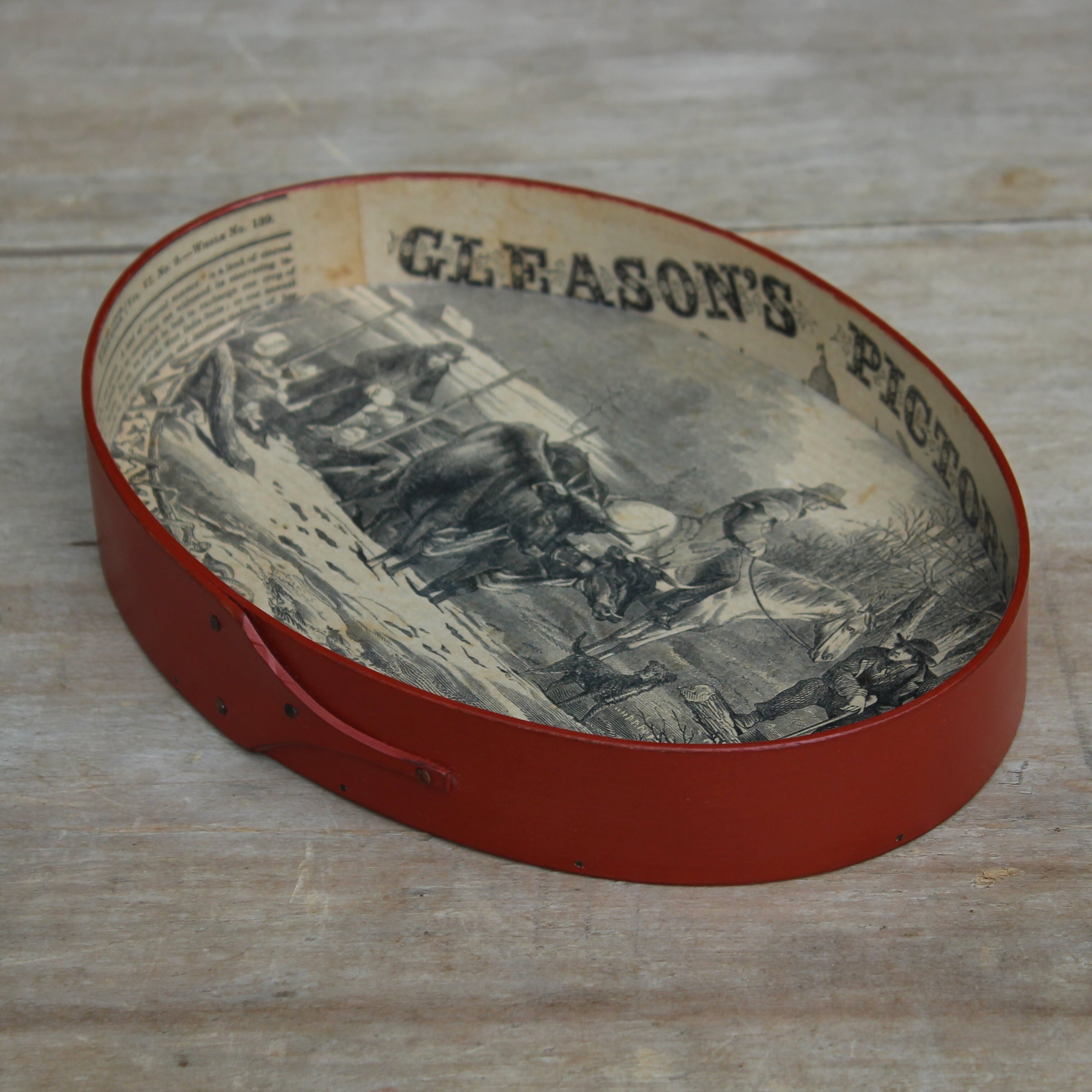 Size #5 Shaker Oval Stitchers Tray — February 1854 Gleason’s Pictorial Farm Scene — Red Milk Paint