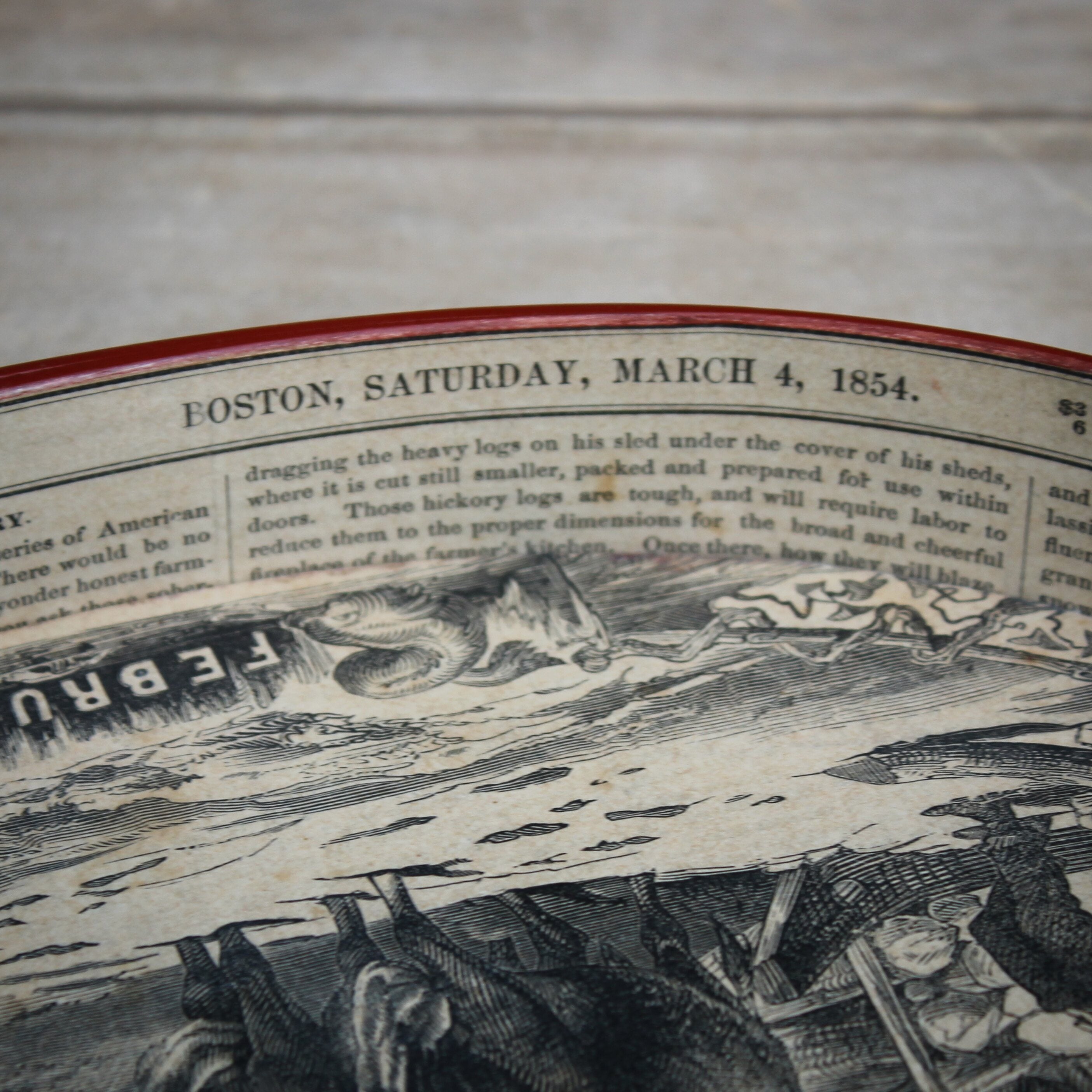 Size #5 Shaker Oval Stitchers Tray — February 1854 Gleason’s Pictorial Farm Scene — Red Milk Paint