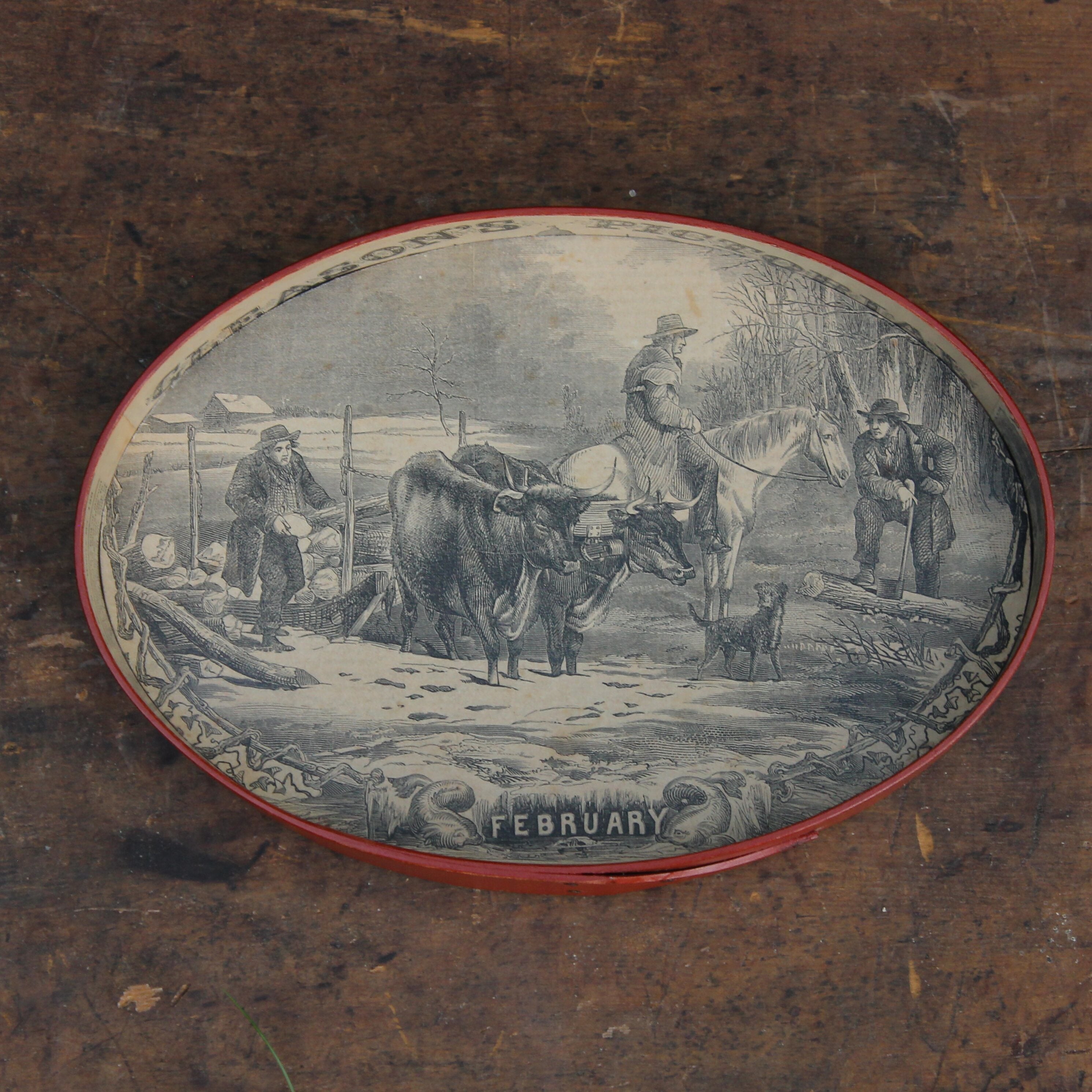 Size #5 Shaker Oval Stitchers Tray — February 1854 Gleason’s Pictorial Farm Scene — Red Milk Paint
