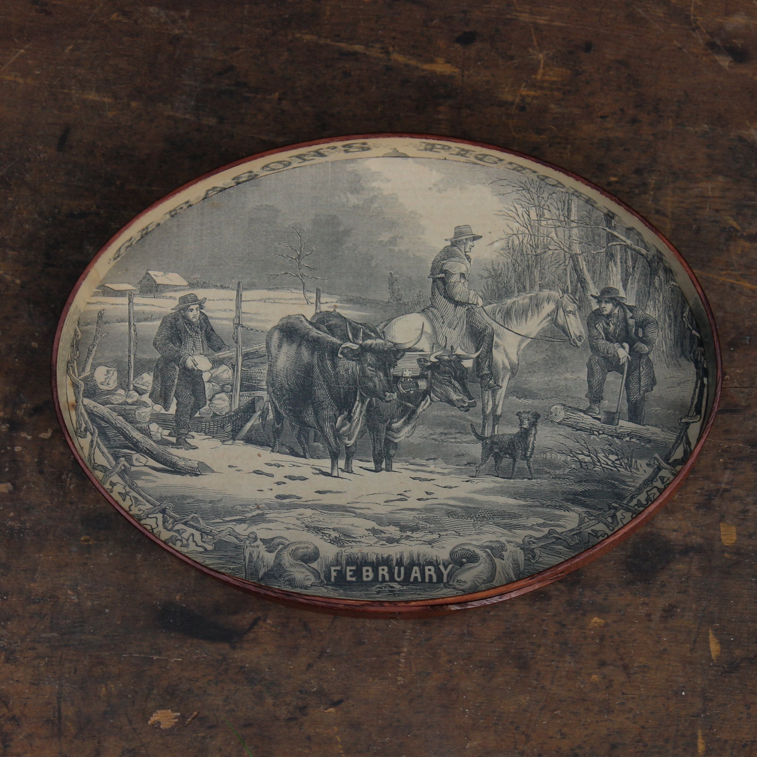 Size #5 Shaker Oval Stitchers Tray — February 1854 Gleason’s Pictorial Farm Scene — Antiqued Natural (B&W Print)