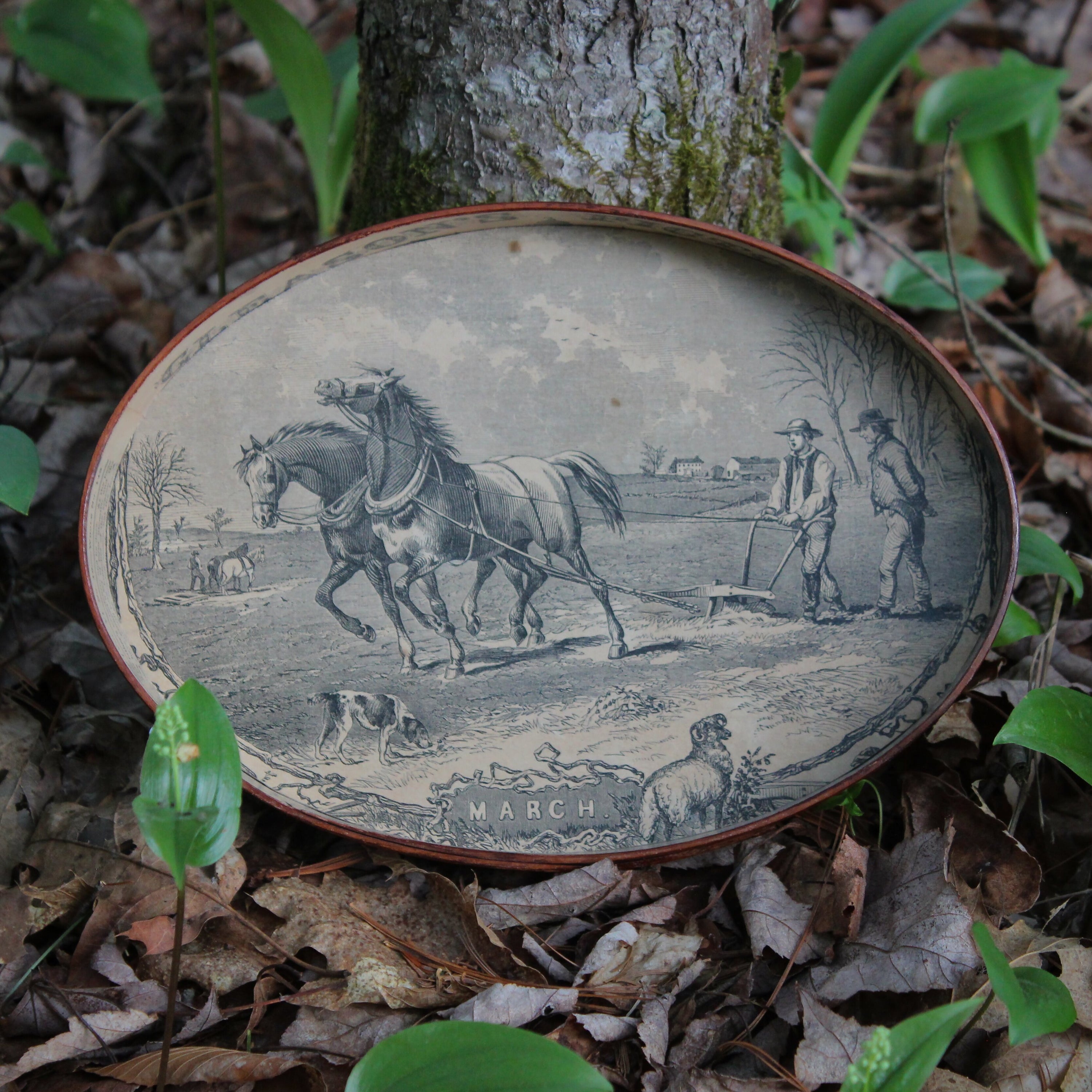 Size #5 Shaker Oval Stitchers Tray — March 1854 Gleason’s Pictorial Farm Scene — Antiqued Natural (B&W Print)
