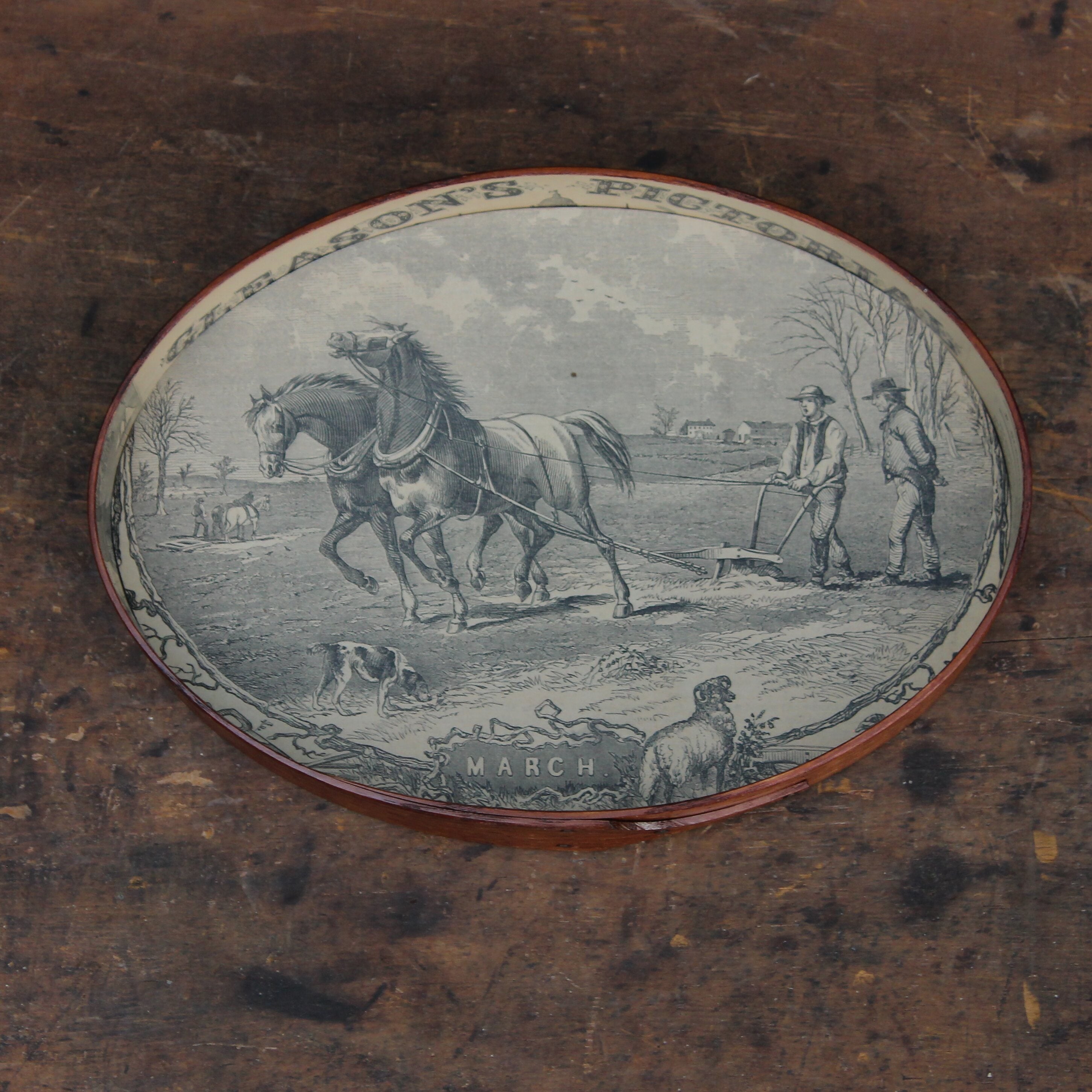 Size #5 Shaker Oval Stitchers Tray — March 1854 Gleason’s Pictorial Farm Scene — Antiqued Natural (B&W Print)