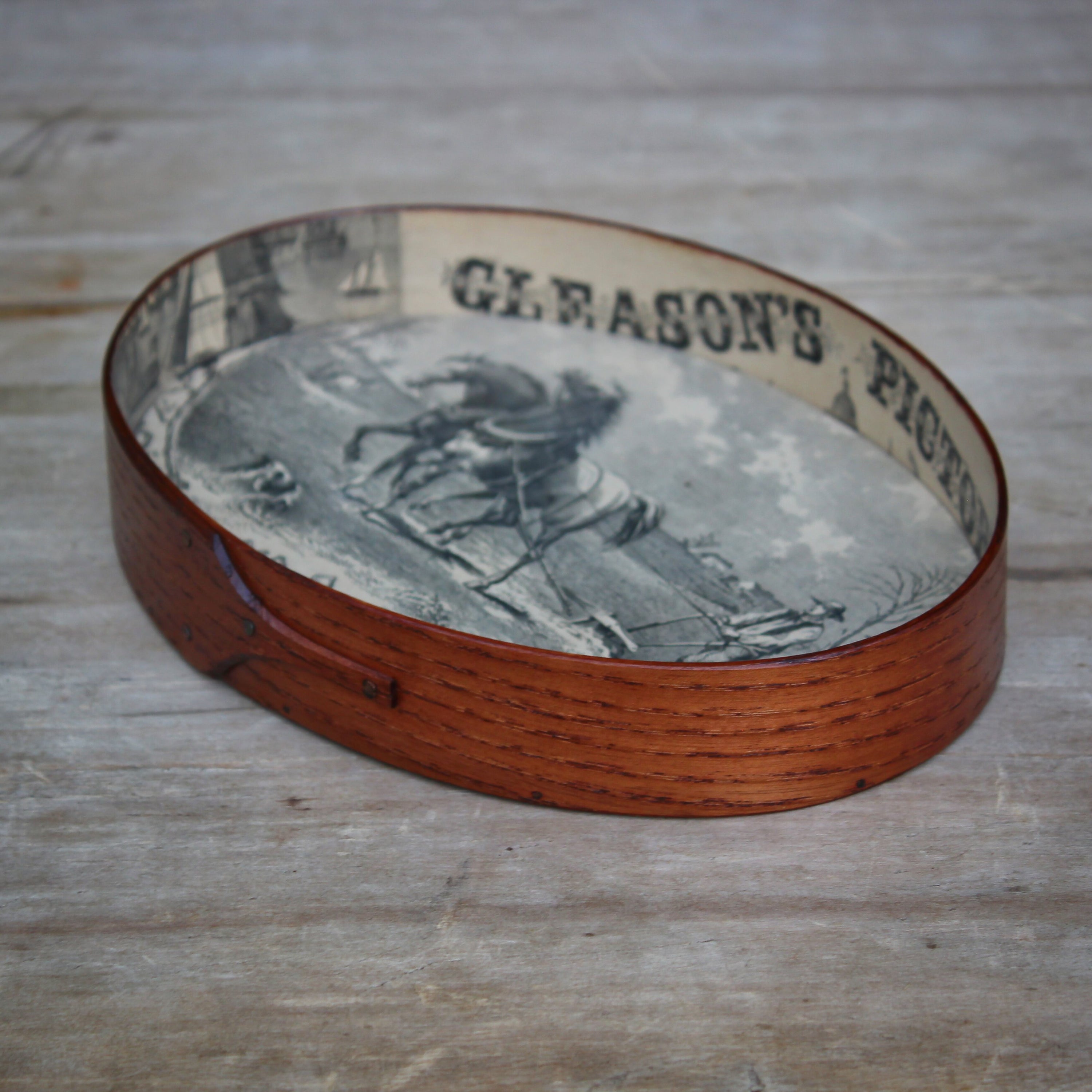 Size #5 Shaker Oval Stitchers Tray — March 1854 Gleason’s Pictorial Farm Scene — Antiqued Natural (B&W Print)