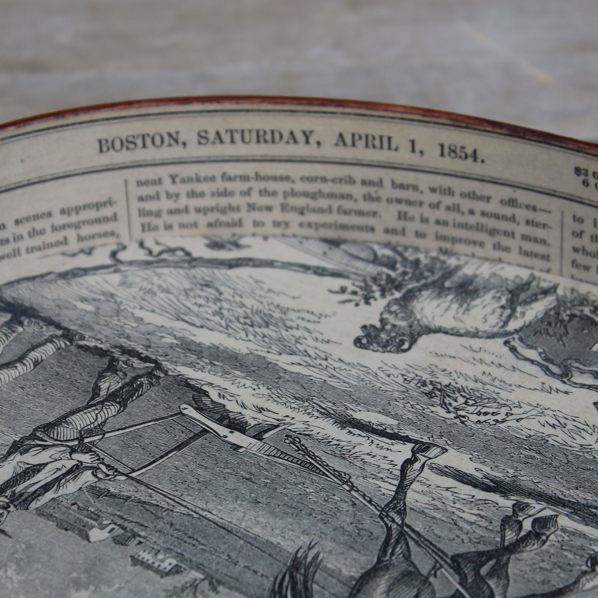 Size #5 Shaker Oval Stitchers Tray — March 1854 Gleason’s Pictorial Farm Scene — Antiqued Natural (B&W Print)